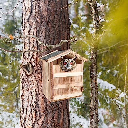 Image of Owl House Owl Nesting Box for Outside: Handmade Wooden Bird House with Bird Stand - 100% Solid Wood Nesting Box