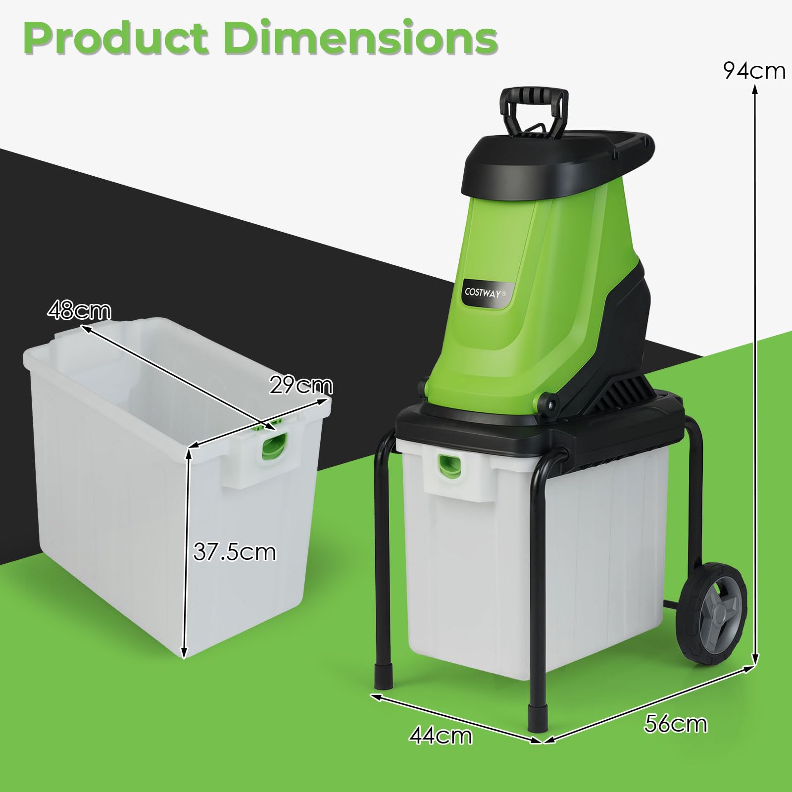 FANTASK Trituradora eléctrica de jardín, 2800 W-56 x 44 x 94 cm, trituradora de jardín con ruedas, caja de captura de 50 l, grosor de corte 45 mm, con cable, trituradora eléctrica de rodillos para