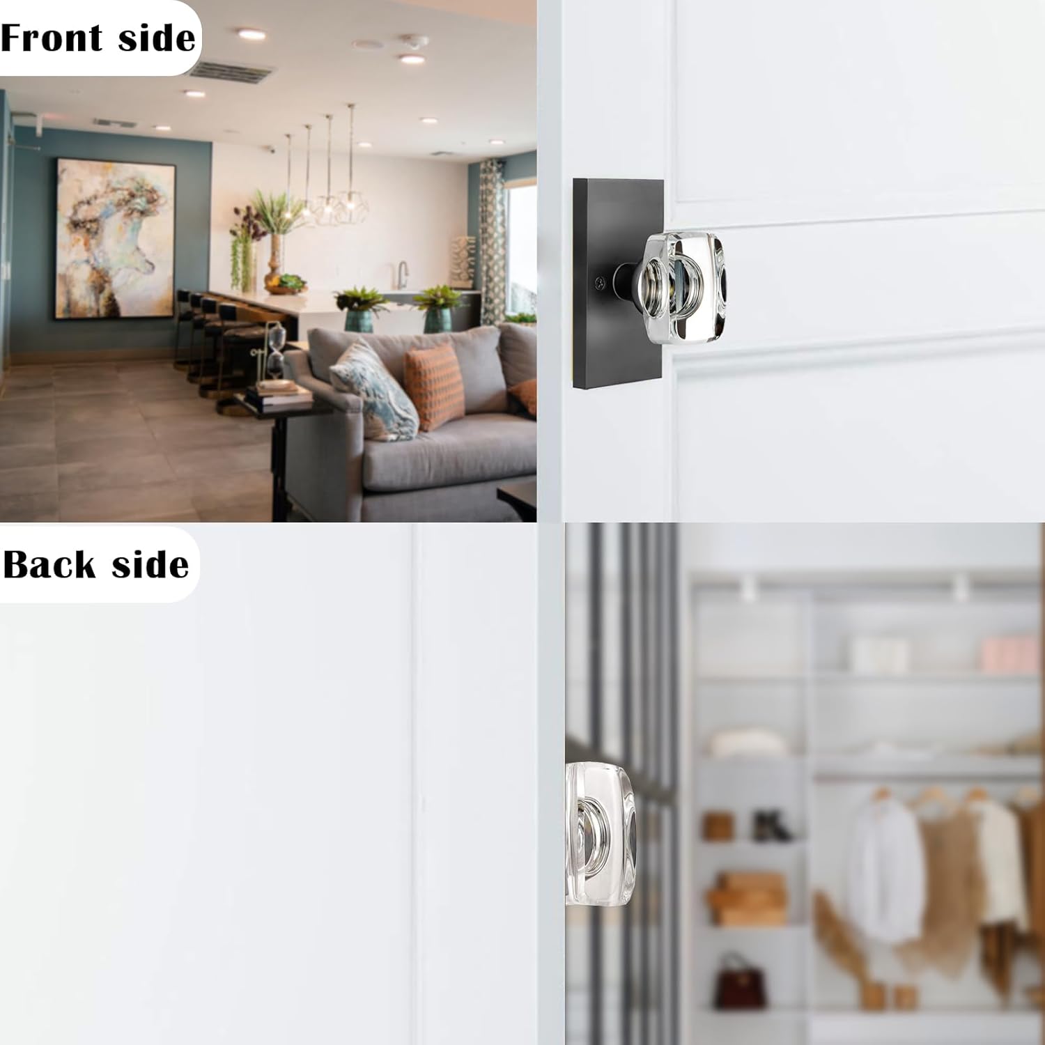 Crystal Glass Dummy Door Knob Interior, Matte Black Modern Dummy Door Knob Door Handles for Closet Hall Rectangular Single Side Non-Turning Inactive, 2 Pack