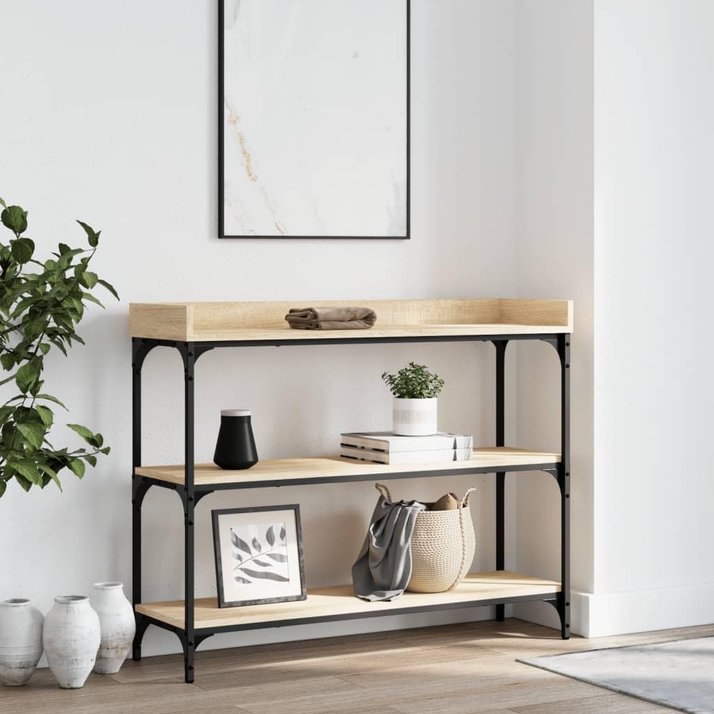 SXZenSpace Console Table with Shelves 100x30x80 cm Sonoma Oak Engineered Wood & Metal Frame Slim Hallway Sofa Side Living Room Storage for Bedroom Corridor Home Office