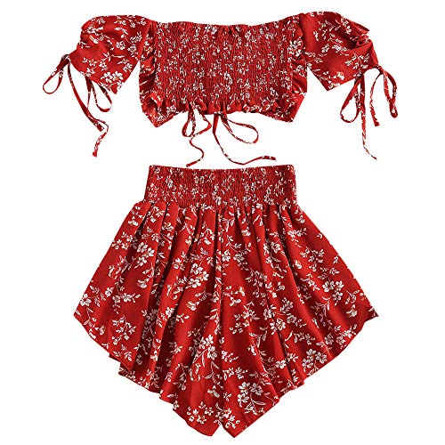Zaful - Completo da donna a maniche corte, a spalle scoperte, con top e pantaloncini a vita alta, motivo floreale, estivo Colore: rosso XL