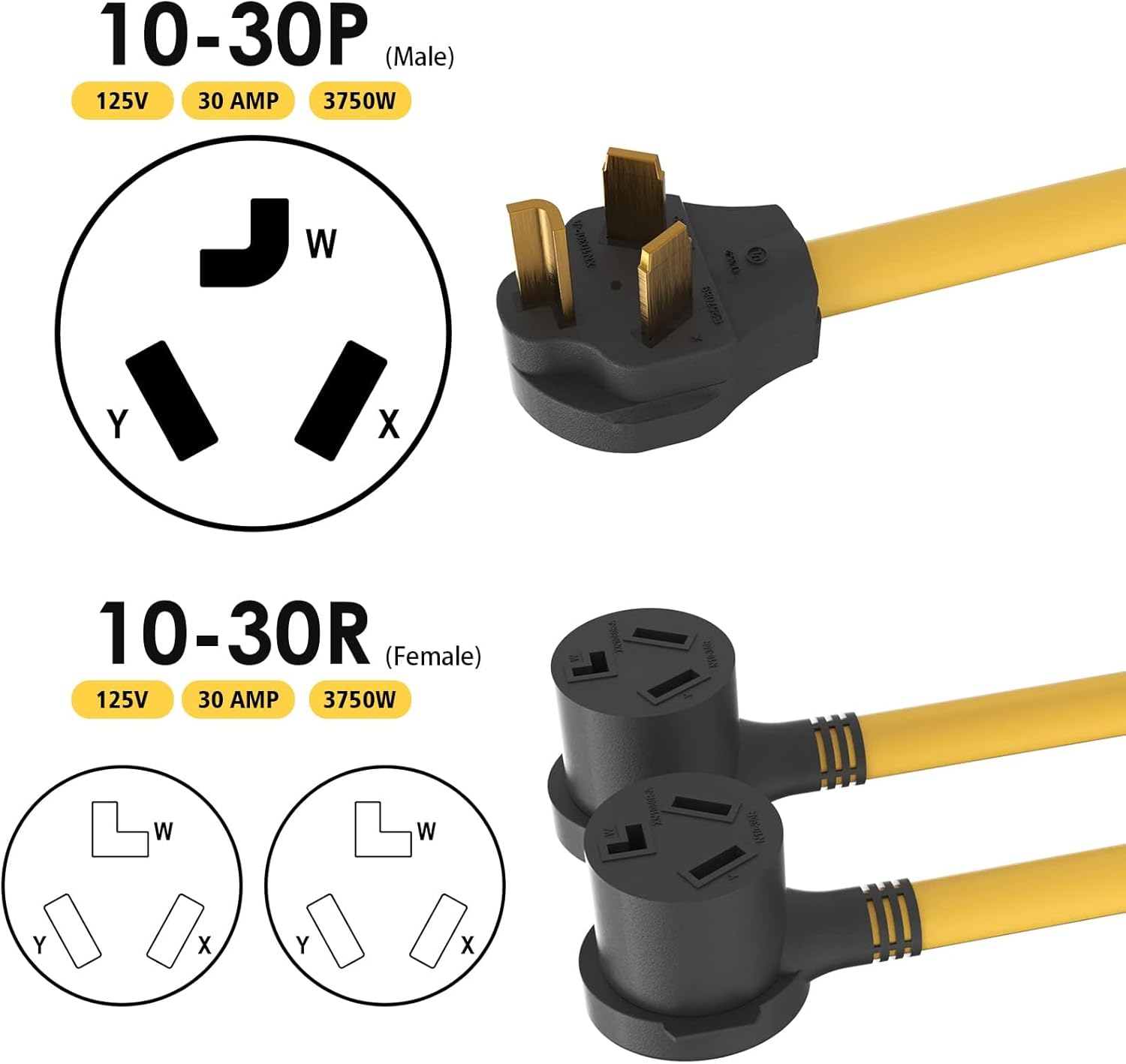30 amp splitter 3 Prong Dryer Y Splitter L-Prong NEMA 10-30P Male to 2 x NEMA 10-30R Female, 30 Amp 250 Volt 7500W STW 10 AWG Dryer Y Adapter Cord, Power Cable for Electric Car, UL Listed