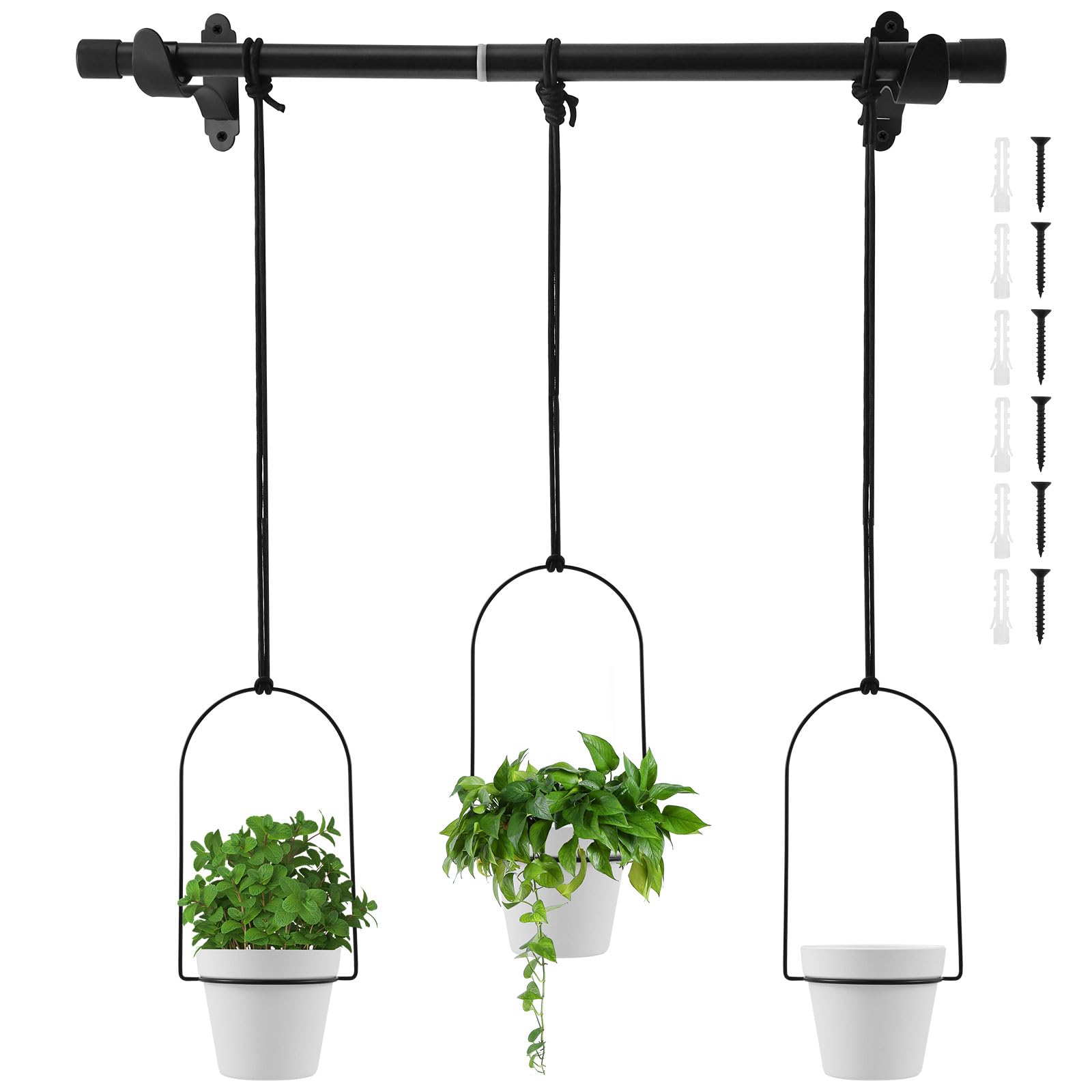 VAVPUP 3pcs Hanging Plant Pots,Adjustable 37-65cm Metal & PP Planters,Modern Wall & Ceiling Plant Holders,Perfect for Indoor Plants, Windows, Kitchen, Balcony (Black)