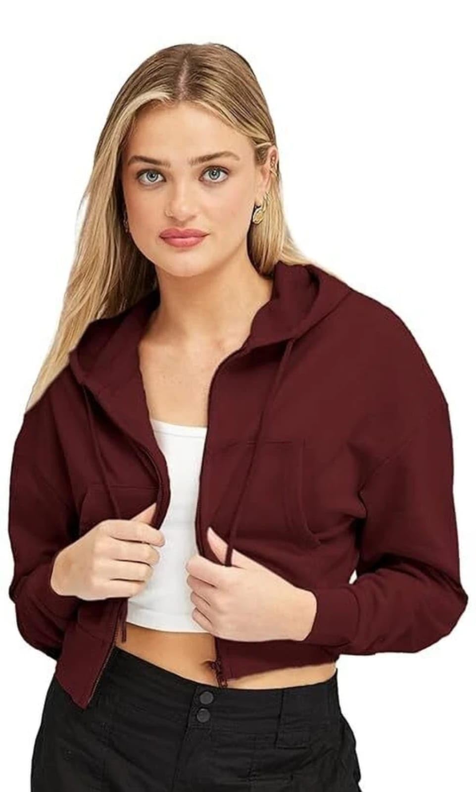 Women's Crop Fleece Hoodie Jacket | Full Sleeve Zip-Up Hooded Sweatshirt for Women & Girls | Soft Warm Casual Winter Wear Crop Hoodie-image-6