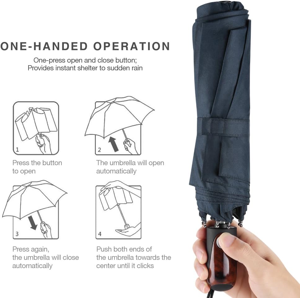 Plemo Automatic Open and Close Easy Touch Umbrella 50.5 Inch Business Compact Travel 8 Fiberglass Rib Water-repelling 210T Canopy Fabric Windproof and Waterproof Travel Umbrella Deep Blue