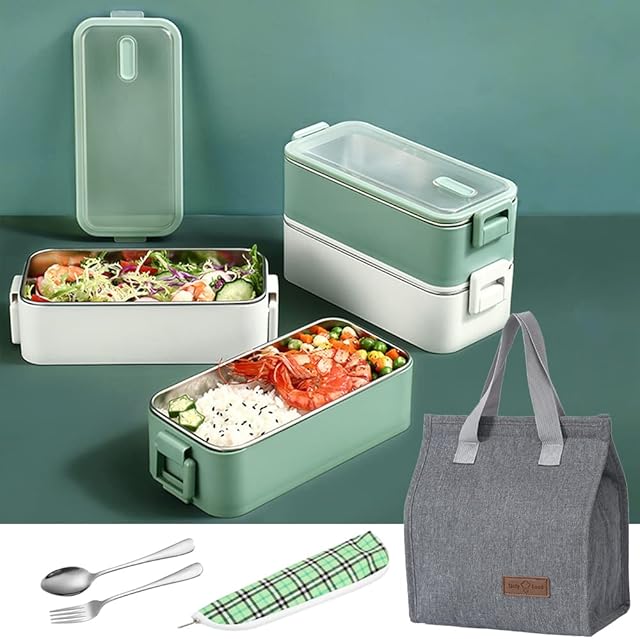 Tohoee Bento Box Kit 304 Stainless Lunch Box 2-Layer Anti-Leak Adult Bento with Spoon Fork and Insulation Bags for Adult Work Office Picnic School Office