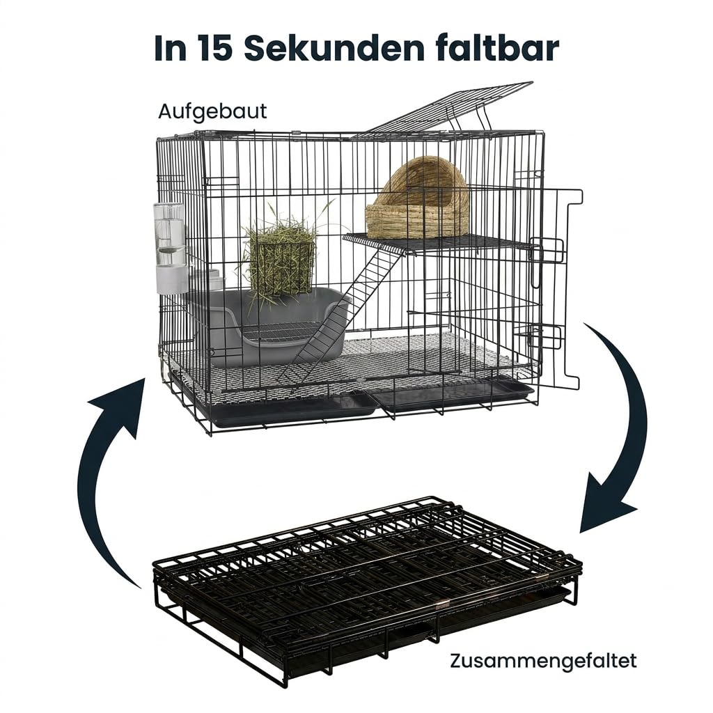 Kaninchenstall 2-stöckig mit 5-teiligem Zubehör-Set – Faltbarer Hasenkäfig 82,5×60,5×70 cm – Spritzschutz-Kotkasten, Metall-Heurack, Trinkflasche, Strohnest – Kleintiere Innen