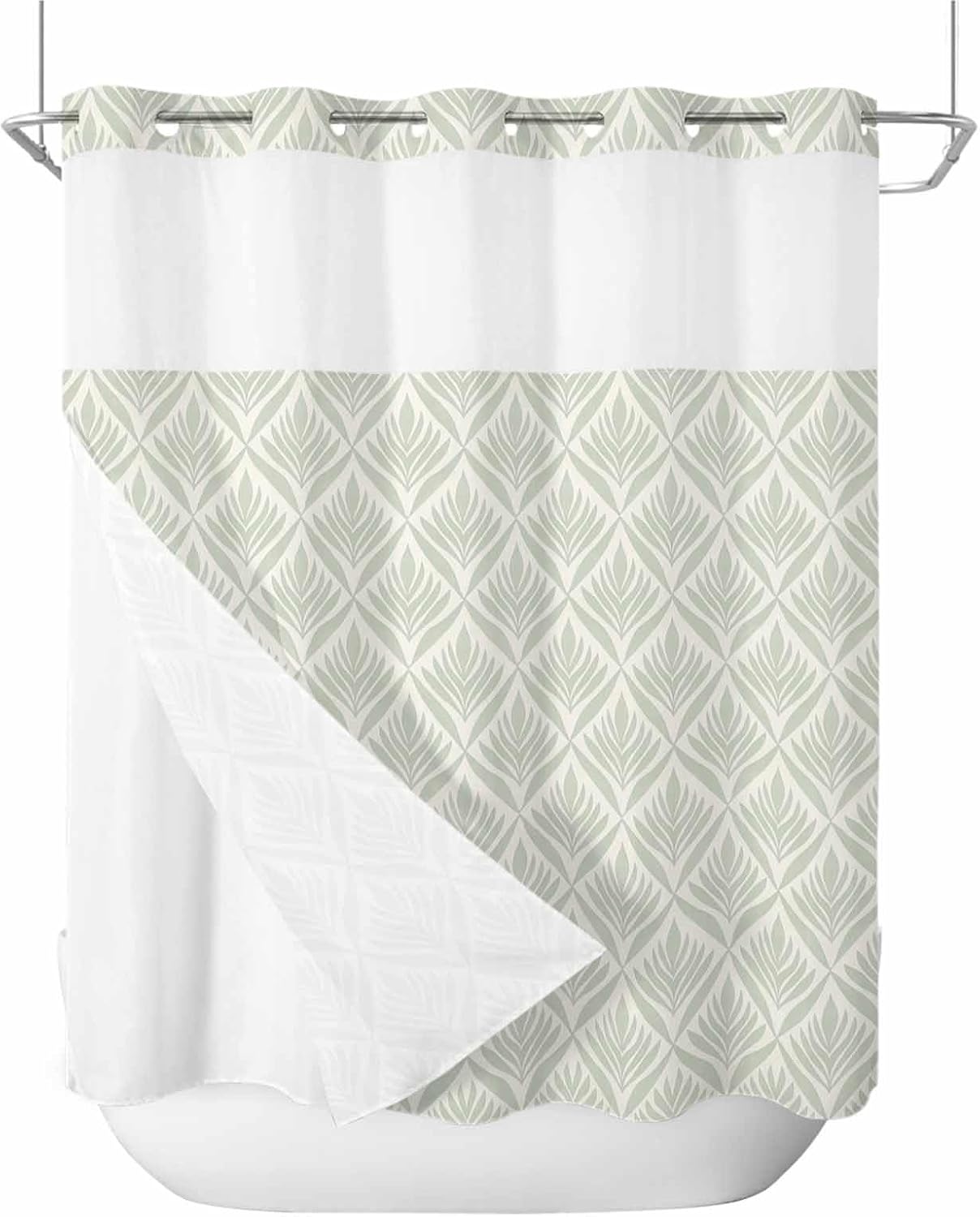 Sage Green Floral No Hook Shower Curtain with Snap in Liner Set,Abstract Minimalist Geometric Flower Waterproof Bath Curtain,See Through Mesh Top Window Bathtub Curtain for Bathroom Hotel 72"x72"