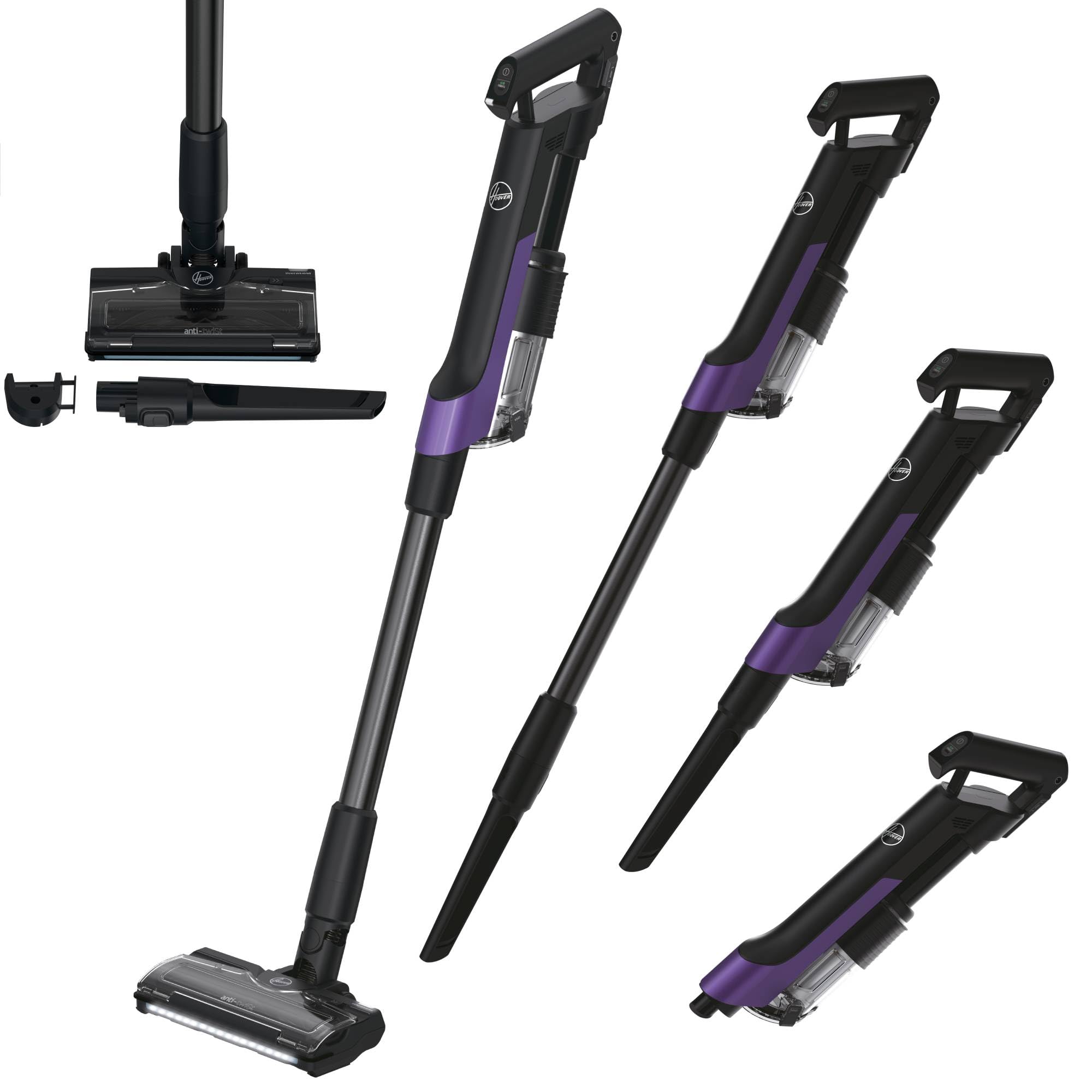 Aspirateur balai sans fil ultraléger à finition brillante, présenté debout avec sa brosse