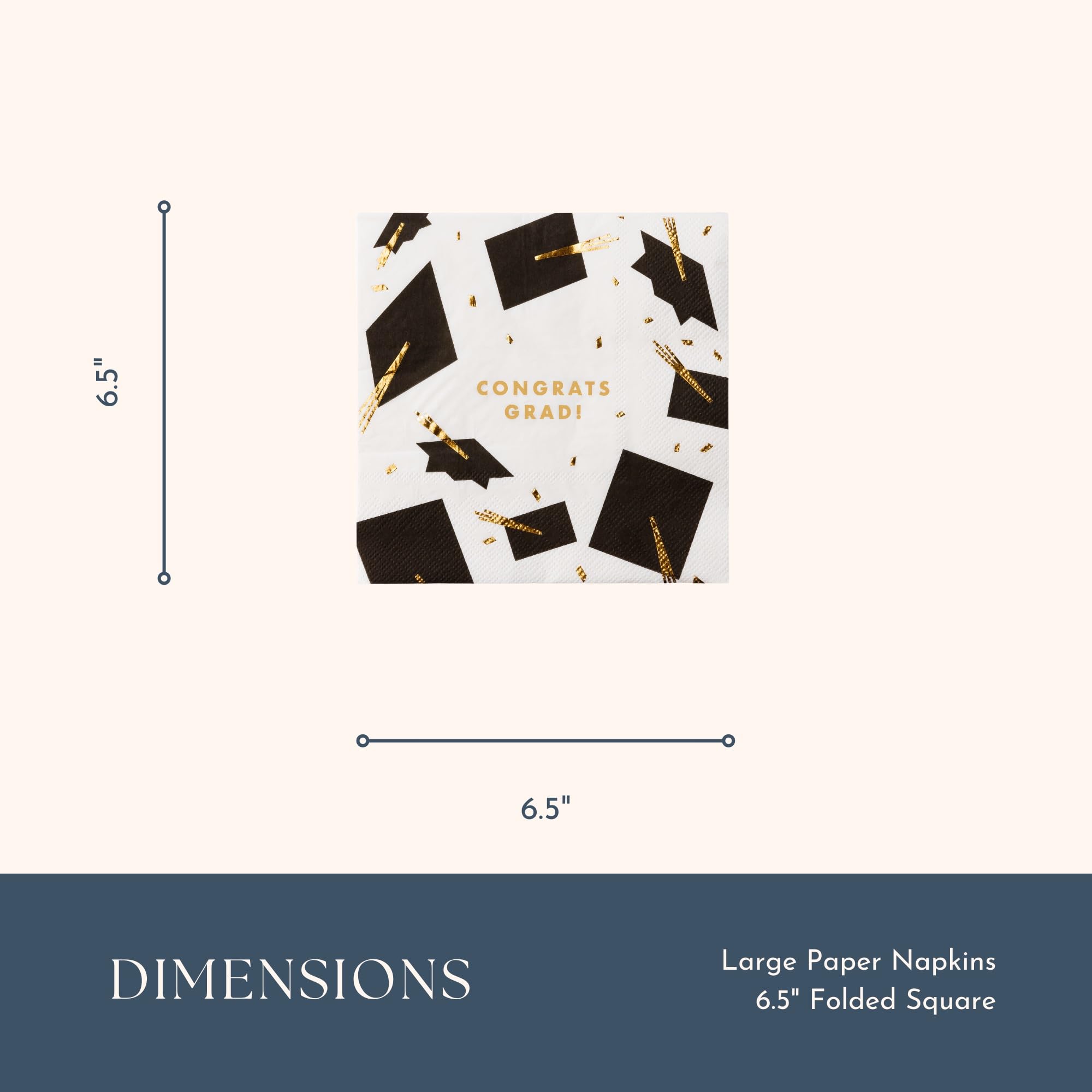 Bonjour Fête Black & White Congrats Grad Large Paper Party Napkins | 3-Ply Graduation Napkins 2025| Dinner Lunch Size | Gold Foil | Premium Party Supplies | Pack Of 20, 6.5" Folded