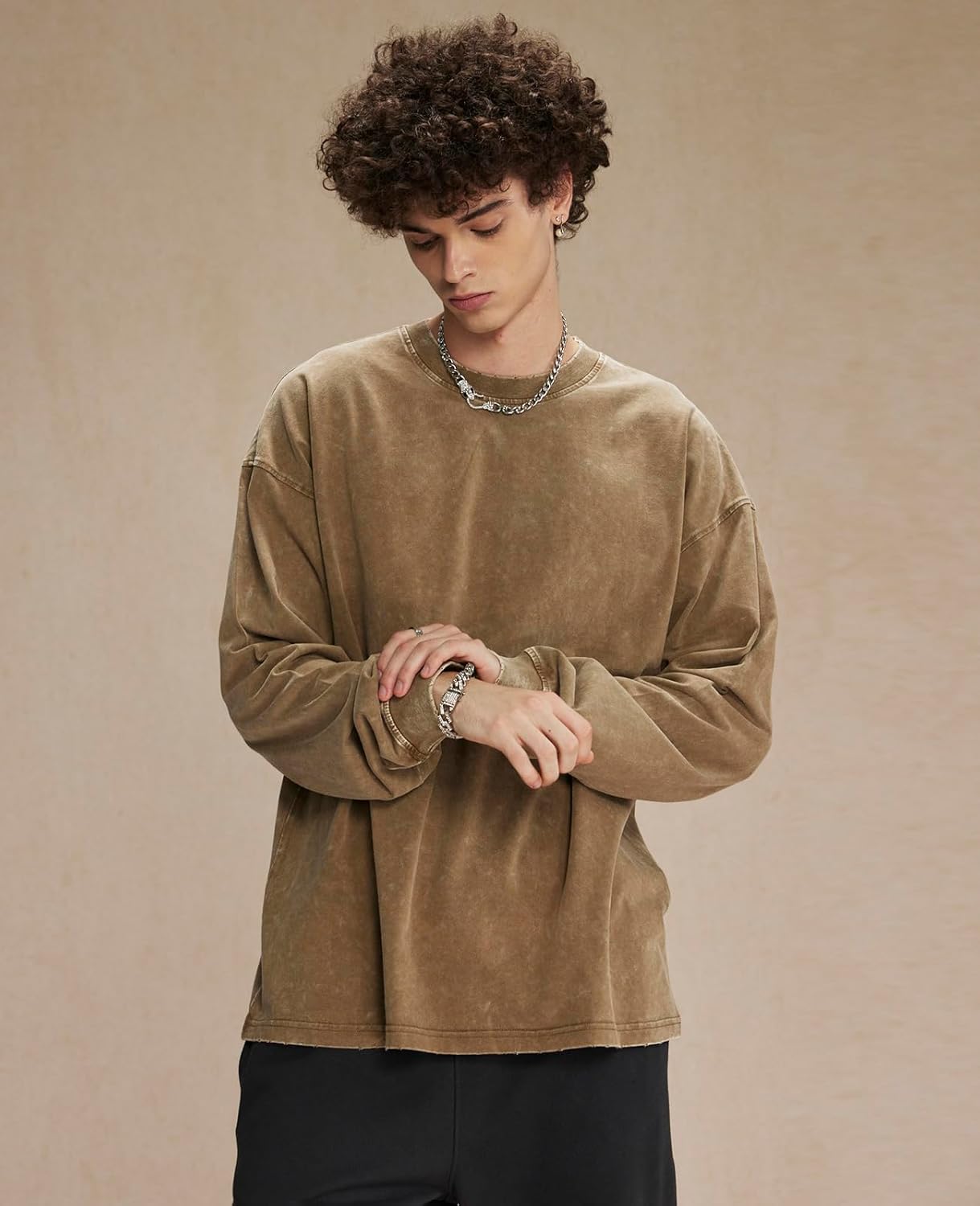 KEEPSHOWING Men's Oversized T Shirts Long Sleeve Shirts for Men Vintage Acid Wash Comfort Colors Crewneck Sweatshirt - Image 3