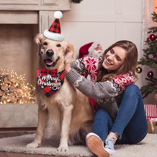 Miniatura 7 de DULEFUN 3 piezas de disfraces de Navidad para perro, traje clásico de búfalo a cuadros, ropa de Navidad para perro, bandana, sombrero, bufanda,