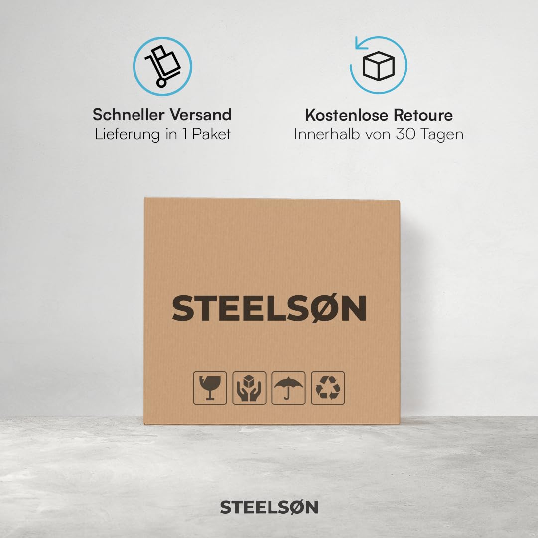 STEELSØN Velara Gartenbank mit integrierten Tisch – Rattan 2er Sitzbank Schwarz inkl. Kissen – Balkonmöbel wetterfest – Terrassen Sitzgruppe bis 320kg – Balkonbank Glas Ablage – Gartensofa