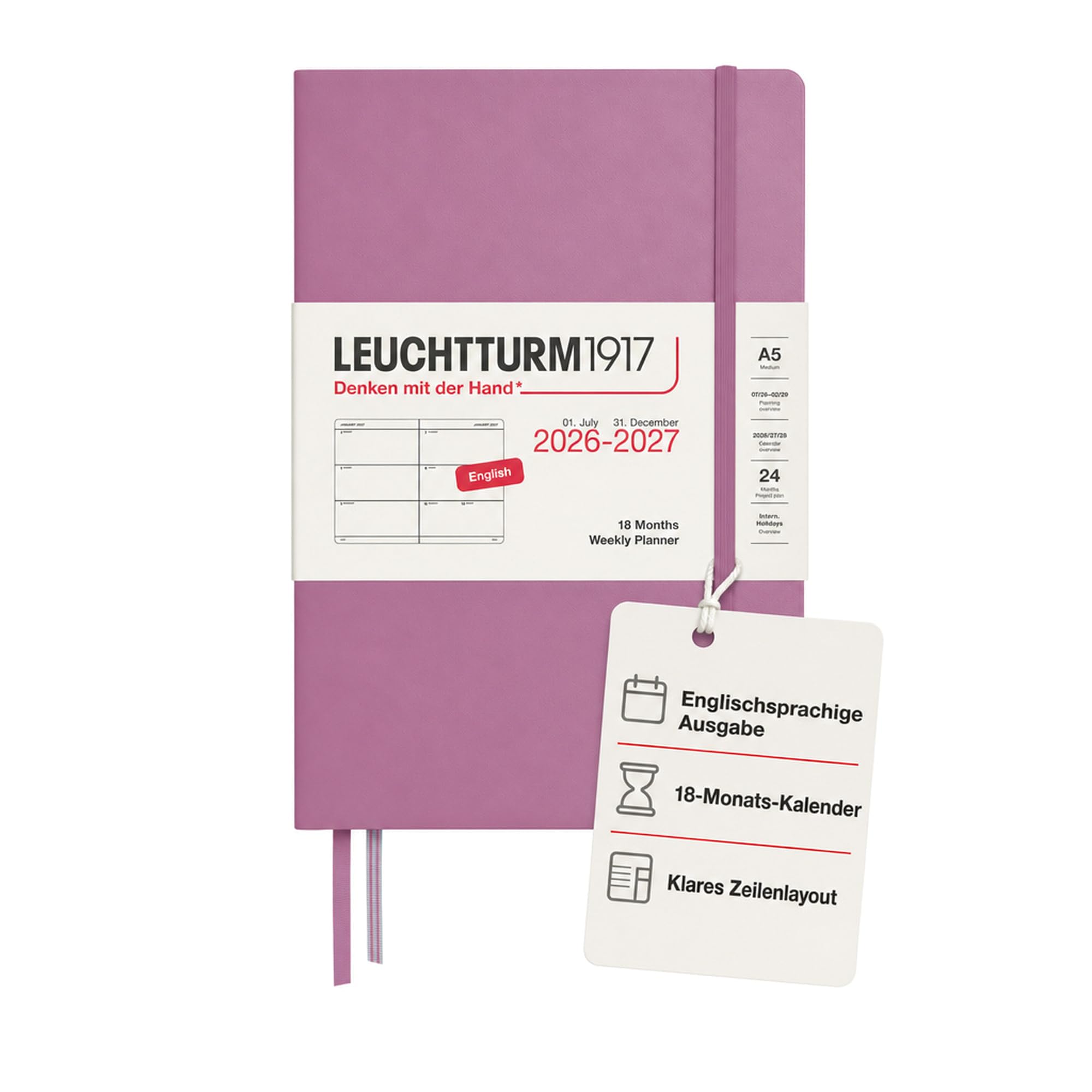 LEUCHTTURM1917 Weekly Diary 2027 Medium (A5) - English, Dusty Rose, Hardcover, 145 x 210 mm, 18 Months - 07. 2026-12/2027, 1 Week per Double Page, 80 g/m² Paper with High Ink Compatibility