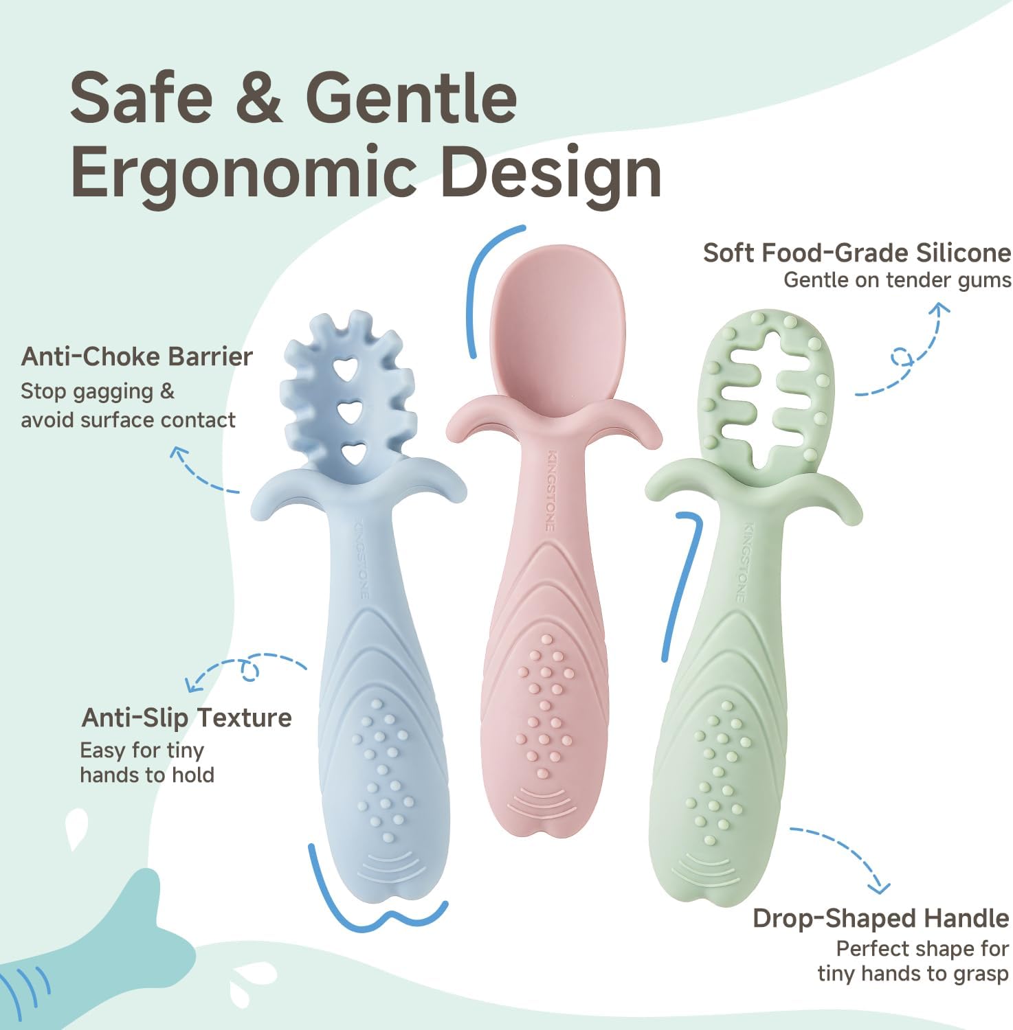 KINGSTONE Baby Spoons Self Feeding 6+ Months, Anti-Choke, Silicone, 3-Pack