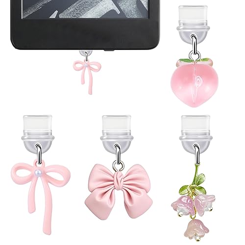 sunla 4Pcs Charms for Kindle, Pink Bow Dust Plug Charm Compatible with E-Reader, Phone, Ipad with Type C/USB C Charging Port-CP001 - Style 01