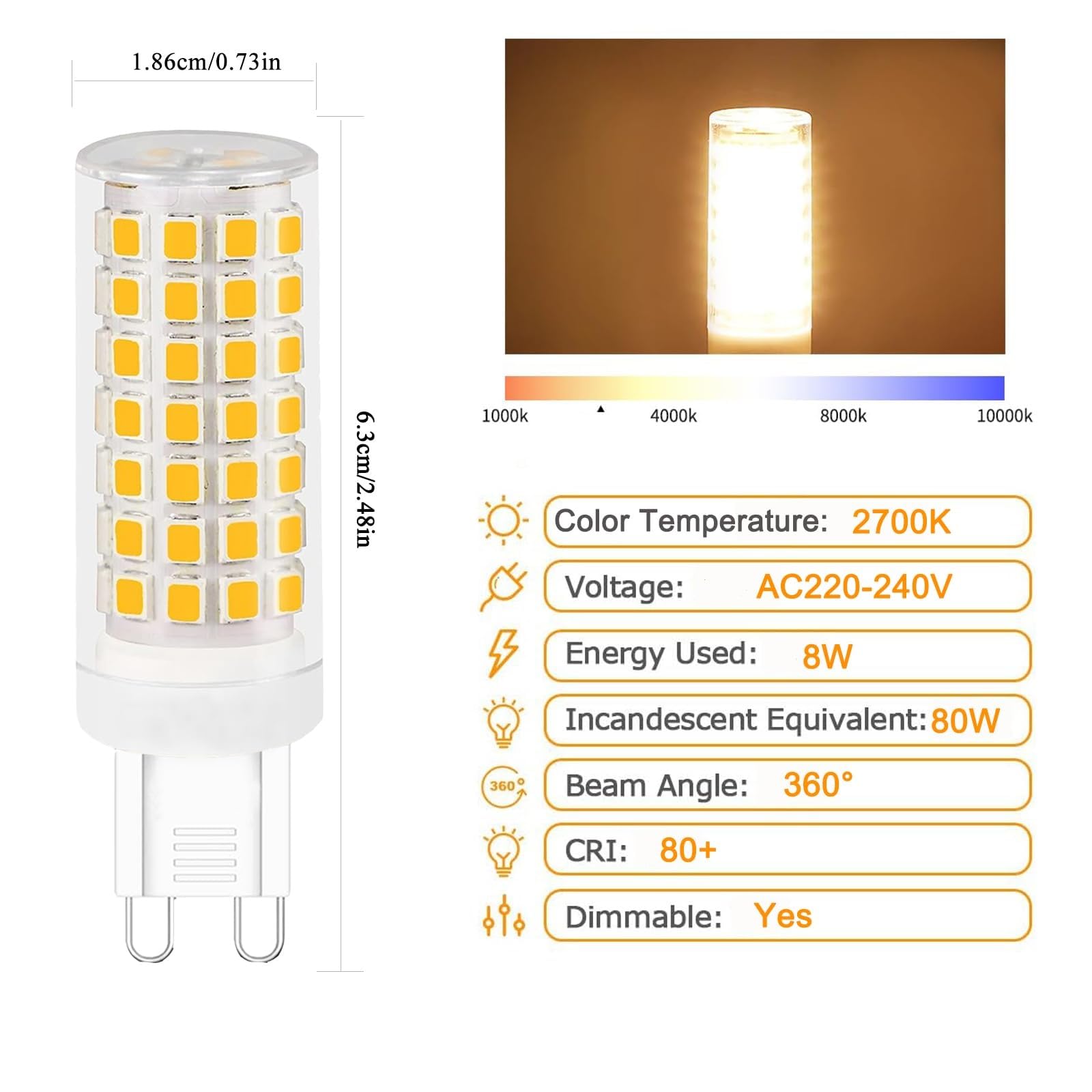 Lampadine LED G9 dimmerabili 8W Sostituzione 100W Risparmio energetico Senza sfarfallio Per illuminazione domestica lampadari plafoniere camera da letto cucina(Cool White 6000K,4pack)
