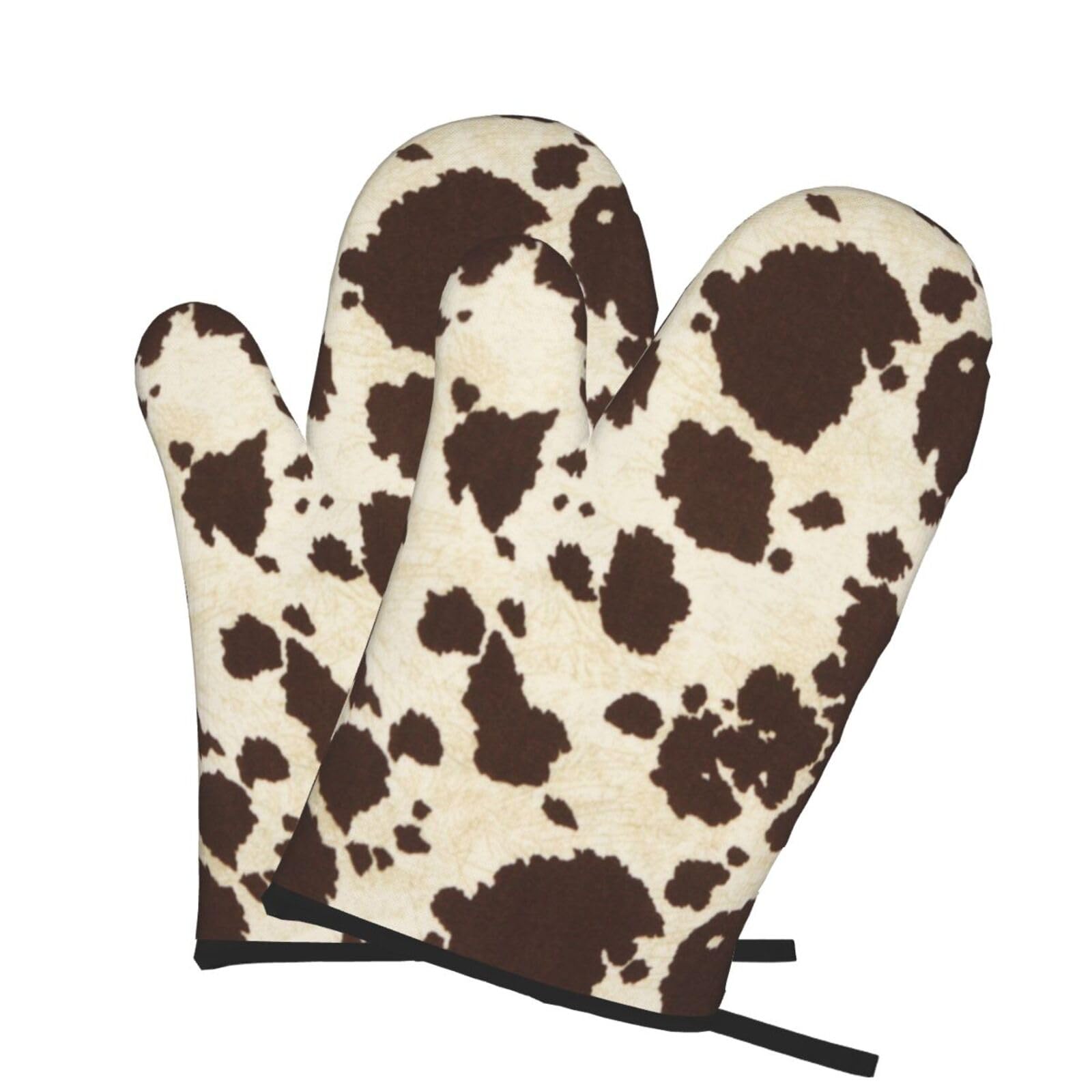 Oven Mitts Set of 2 Pcs, brown cowhide- Prints Heat Resistant Kitchen Gloves for Cooking Baking Grilling