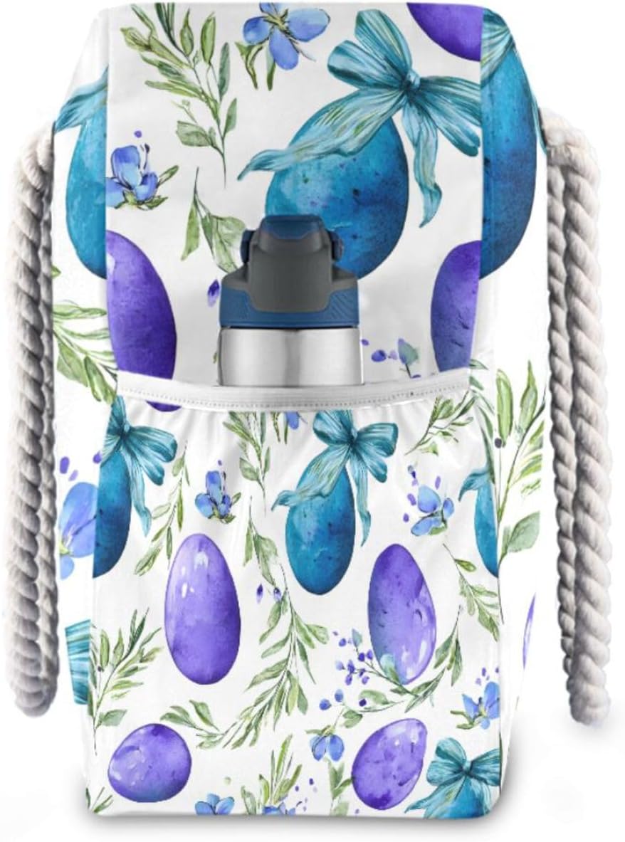 OTVEE Watercolor Easter Egg and Bow Beach Bags for Women Ladies Large Canvas Tote Shoulder Bag Waterproof Travel Bags for Gym Swim Pool Camping