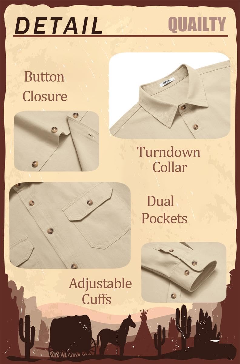 COOFANDY Mens Western Cowboy Shirt Long Sleeve Cotton Button Down Work Shirts with Pockets - Image 6