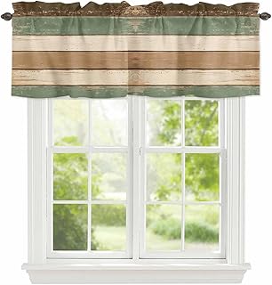 Valances for Windows Rustic Green Brown Beige Stripes Kitchen Valance, Rod Pocket Valances Window Topper Wood Barn Short Curtain Valance for Bedroom Bathroom Living Room 42x12in