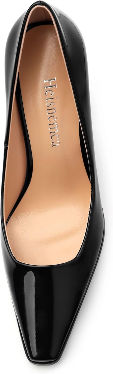 Womens High Heels,Patent Closed Square Toe Slip on Chunky Block Pumps,Elegant Heels,Daily Wedding Party Dress Shoes 3.5IN
