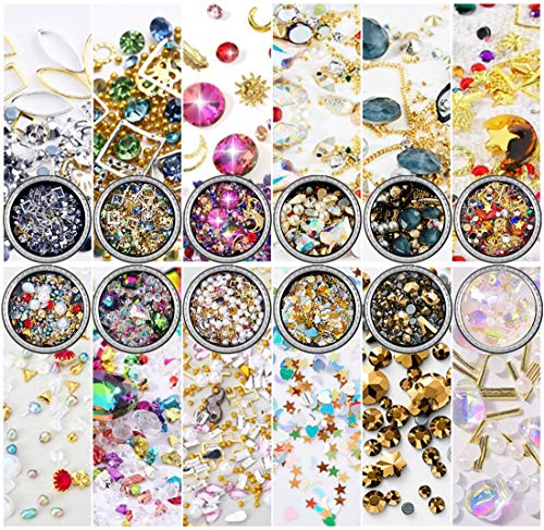 editTime 12 Wheels Mixed Sparkle Nail Art Rhinestones Diamonds Crystals Beads Artificial Pearls and Gold Silver Nail Studs Gems Metal Rivets Charms Hollow Moon Star Shaped (black)