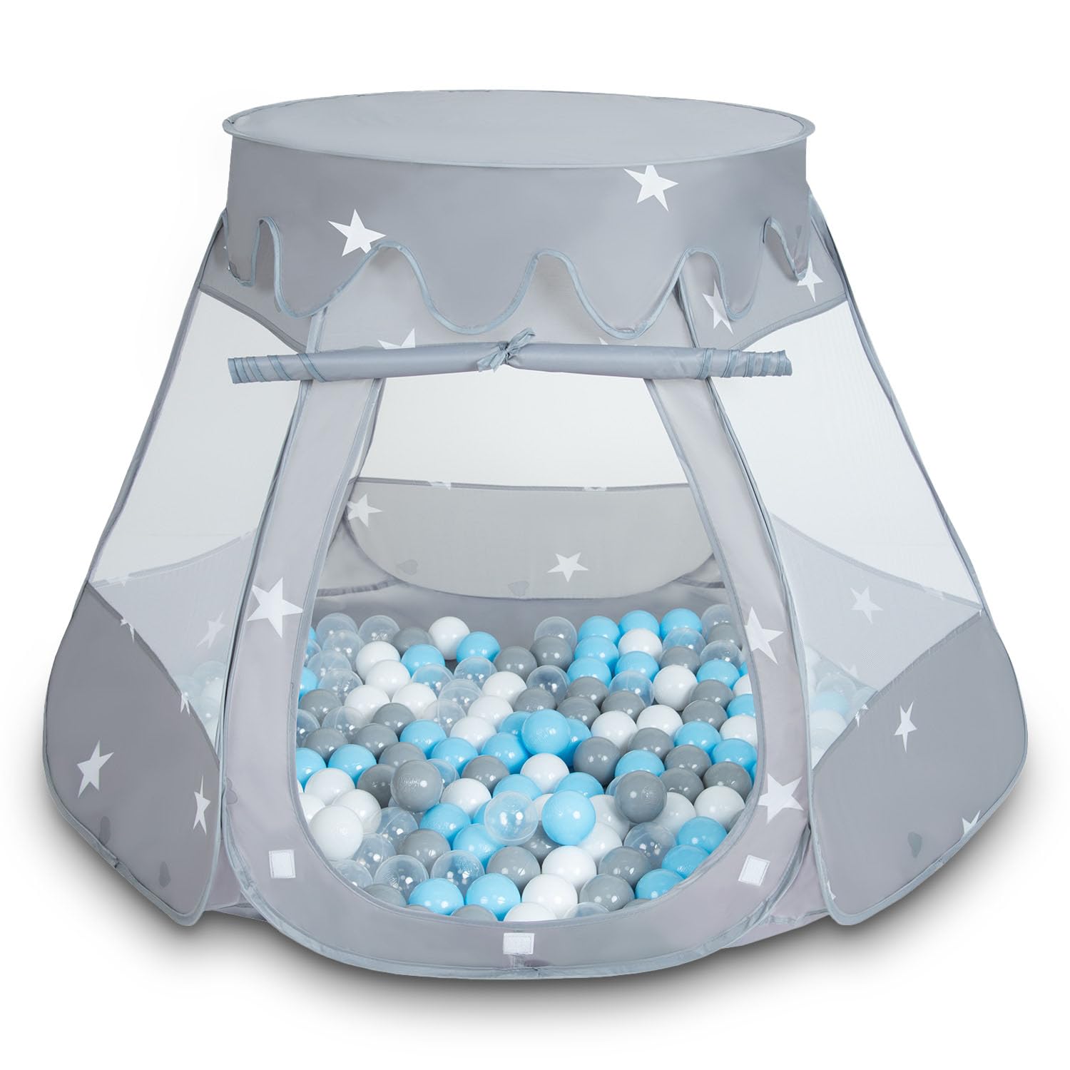 Selonis Play Tent 105X90cm/200 Balls Castle House Pop Up Ballpit Plastic Balls For Kids, Grey:Grey-White-Transparent-Babyblue — image 1