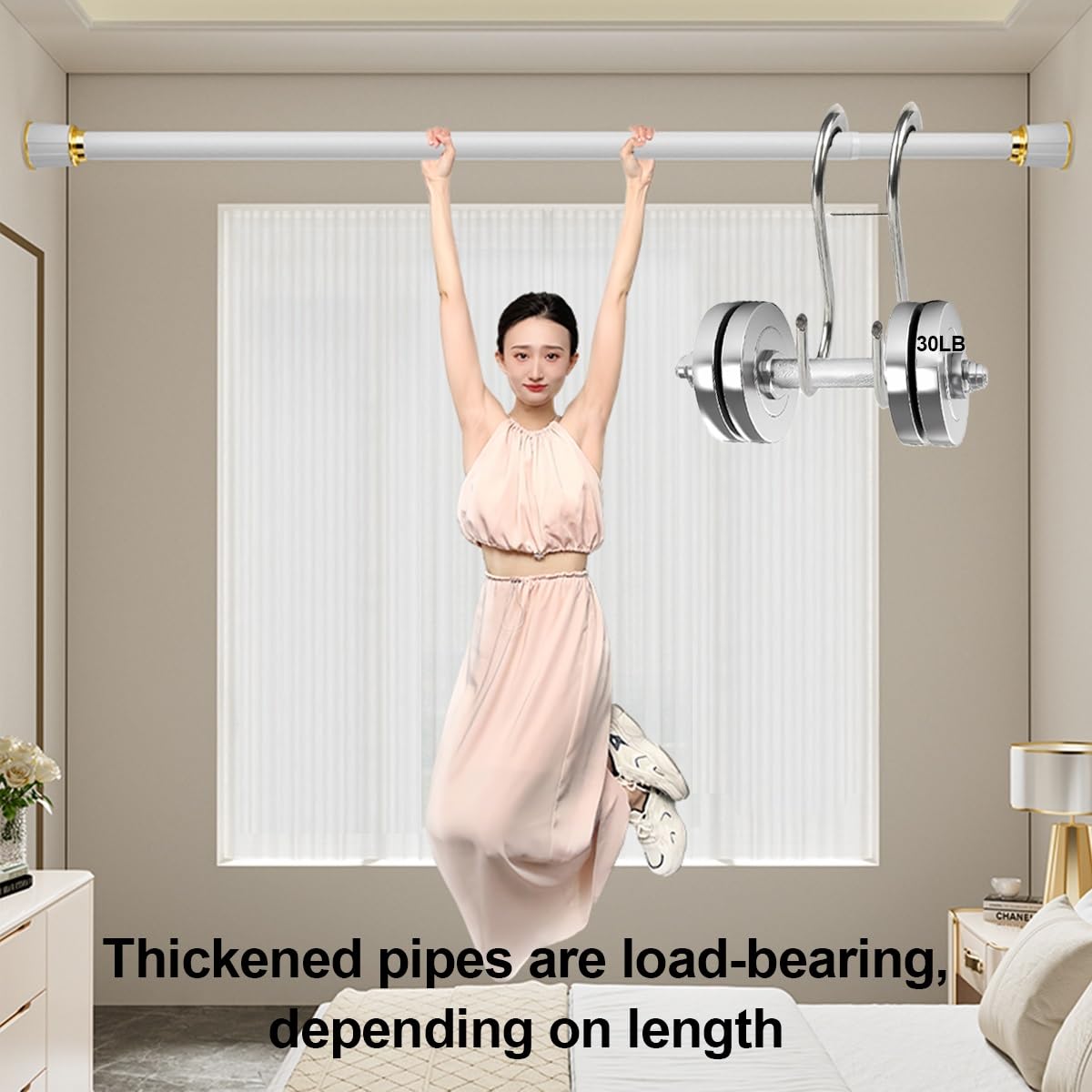 32mm Vorhangstange Ohne Bohren, 40-500cm Teleskopstange Vorhang Ausziehbar, Matt Schwarz Multifunktionale Gardinenstange Klemmbar für Fenster Küche Schrank und Badewanne(Weiß,410-500cm)