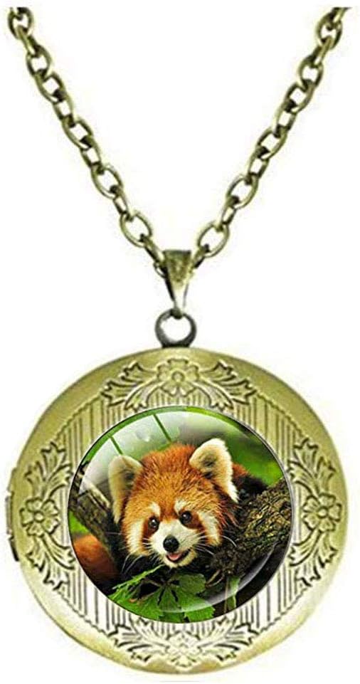 Red Panda Bear Locket Necklace Jewelry, Vintage Locket Necklace Glass Animal Locket Necklace