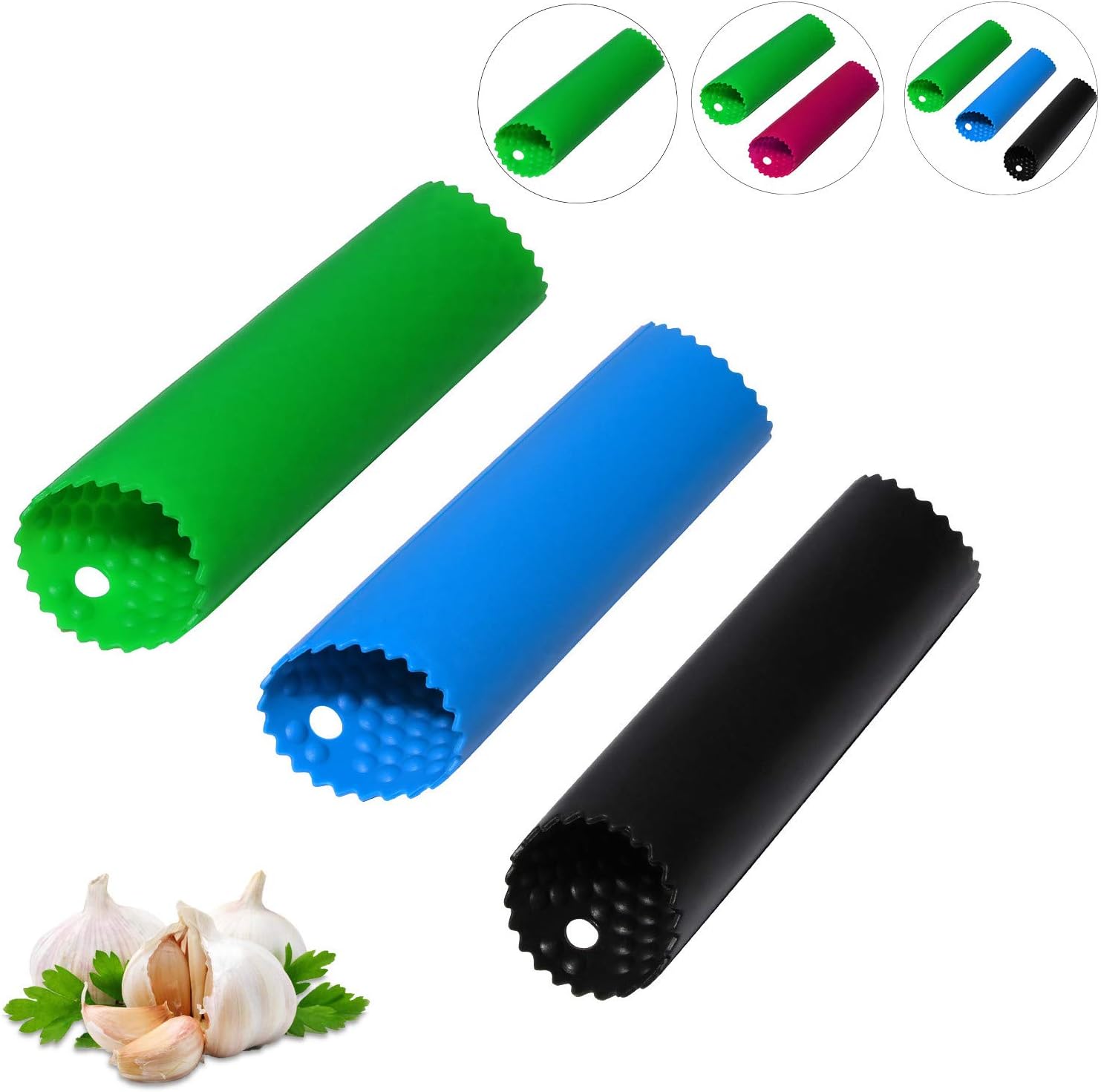 Sinnsally Garlic Peeler Skin Remover Roller Keeper,Easy Quick to Peeled Garlic Cloves with Silicone Tube Roller Garlic Peeling Kitchen Tool(3 Colors)