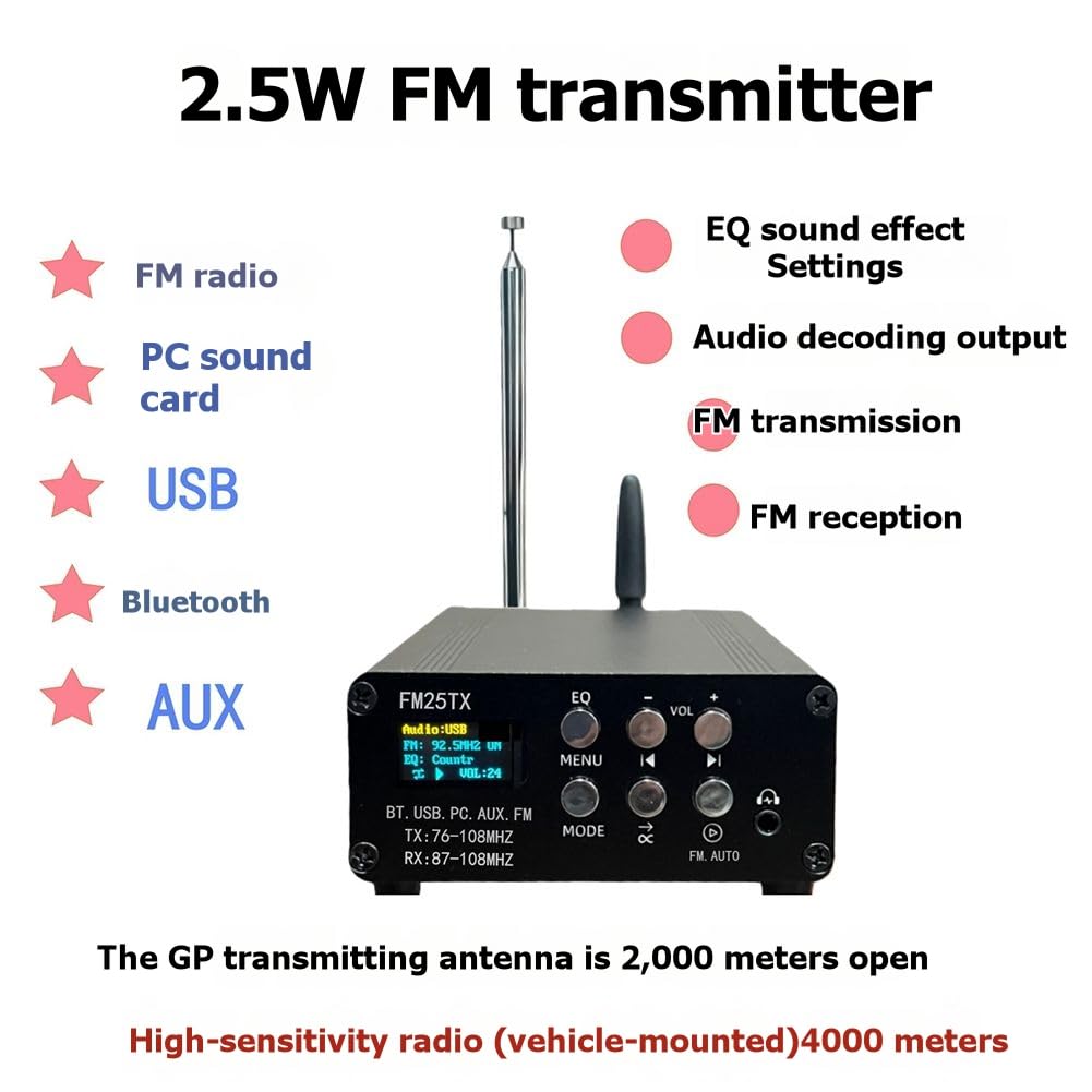 Émetteur FM FM25TX 2,5 W, Radio FM Stéréo, Lecture et Transmission Audio, Bluetooth MP3 sans