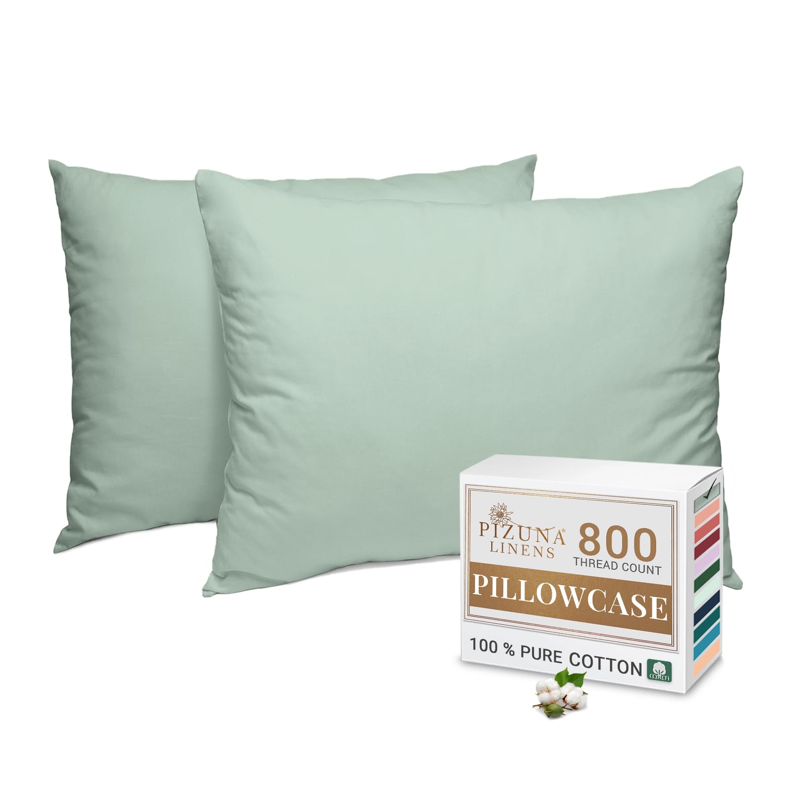 Pizuna Sea Foam Luxurious Cotton Housewife Pillowcases 2 Pack Seafoam Sage 48X74cm, 800 Thread Count Long Staple Combed Cotton Pillow Cover, Crisp Sateen Weave Housewife Pillow Cases (Luxury Pillowcase 2 Pc)