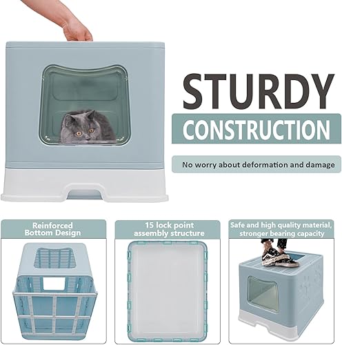 Miniatura 6 de Caja de arena plegable XL para gatos con tapa, orinal cerrado, inodoro antisalpicaduras de entrada superior, incluye cuchara y cepillo de limpieza 2