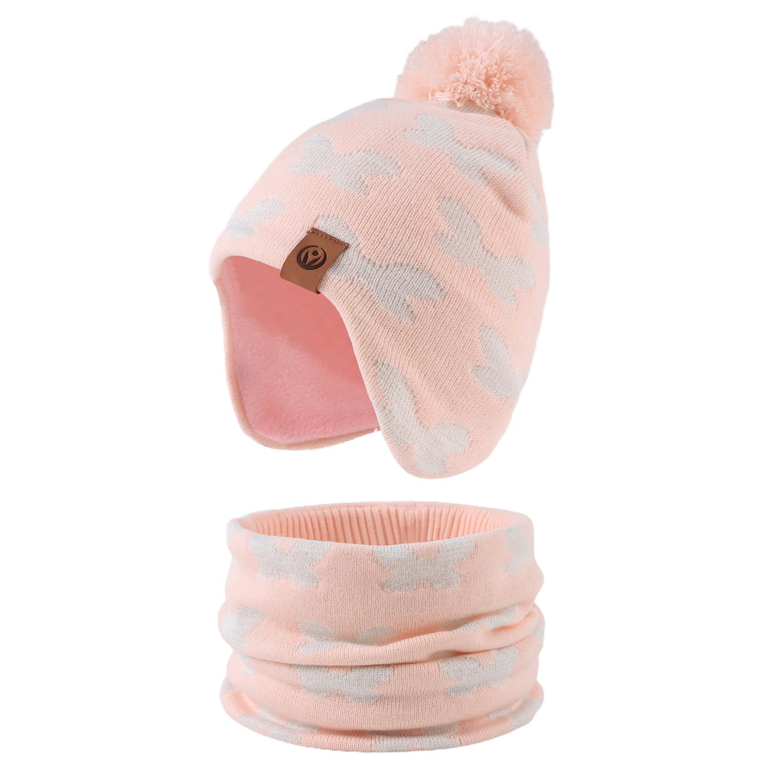 Pesaat Baby Hat Scarf Knitted Kids Beanie Toddler Boys Girls Winter Hats Fleece Lining Beanies with Pompom(Pink Set), L