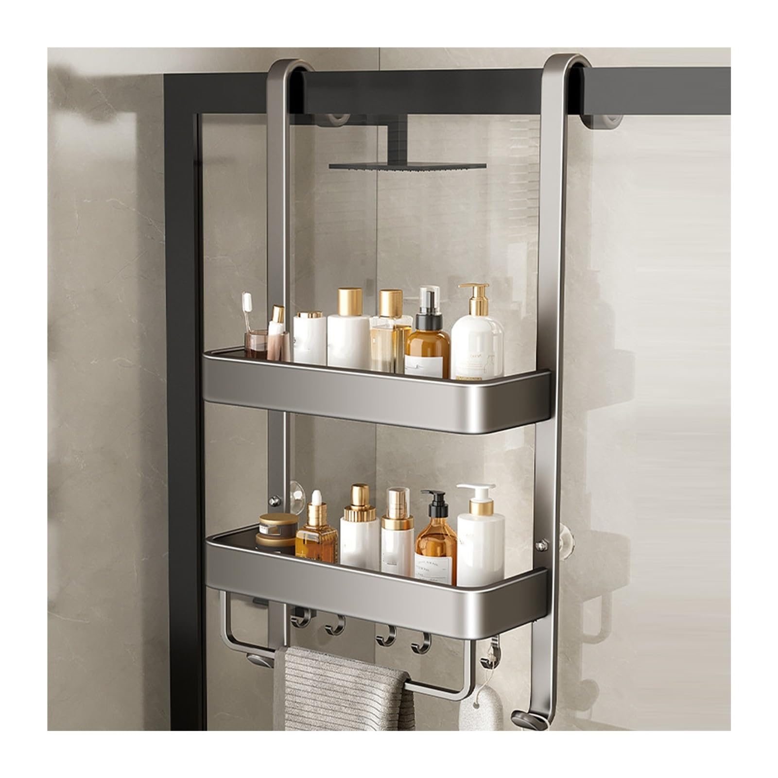 Organizzatore da Appendere alla Porta con 2 cestini portaoggetti e 5 Ganci, da posizionare Dietro la Porta del Bagno o della dispensa.