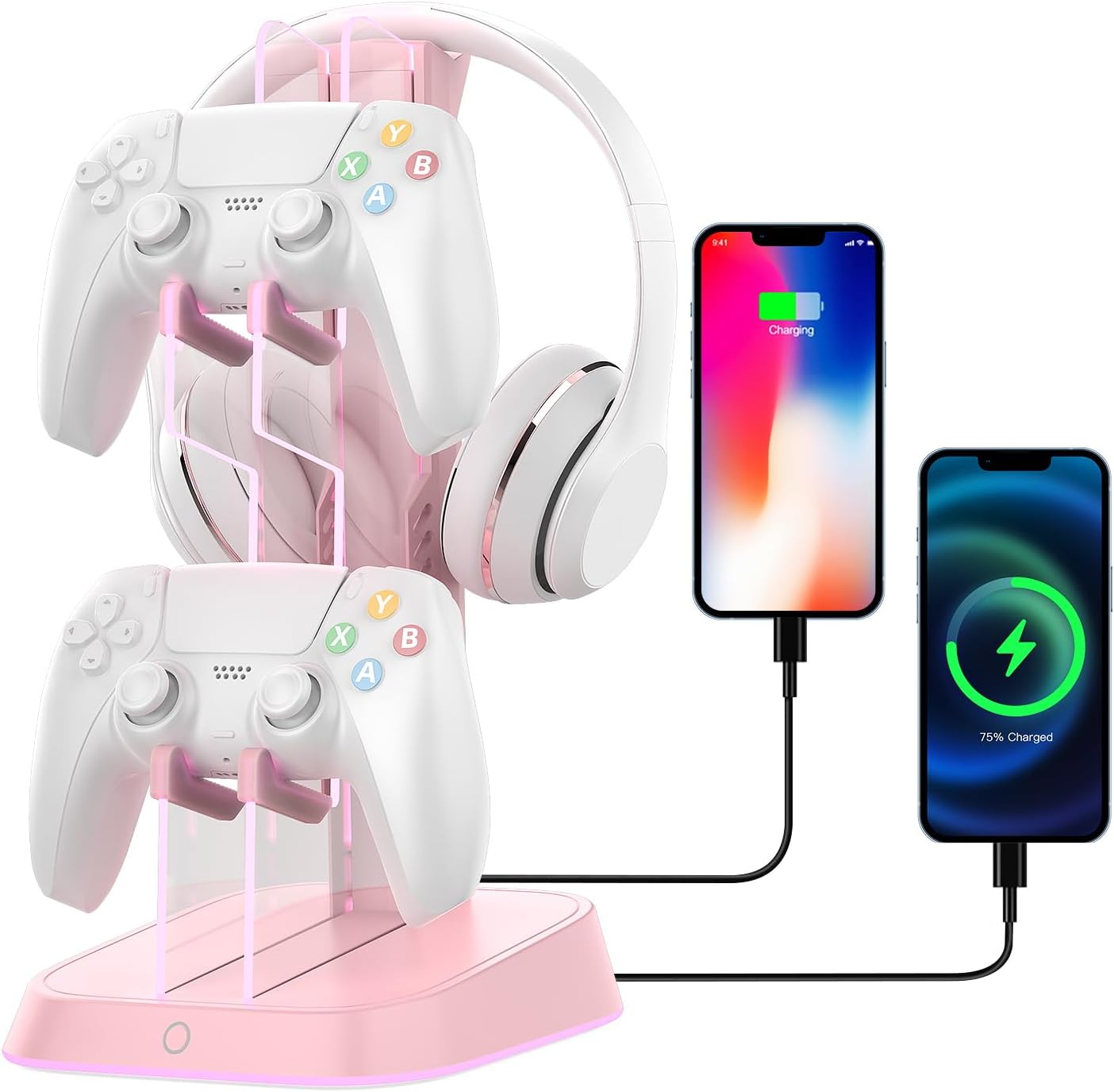 Headphone Controller Stand&Holder with RGB Lights,Transparent Charging Station&USB Dock for Xbox Series X/S Game Controllers and Gamers Desktop Accessories (Pink)