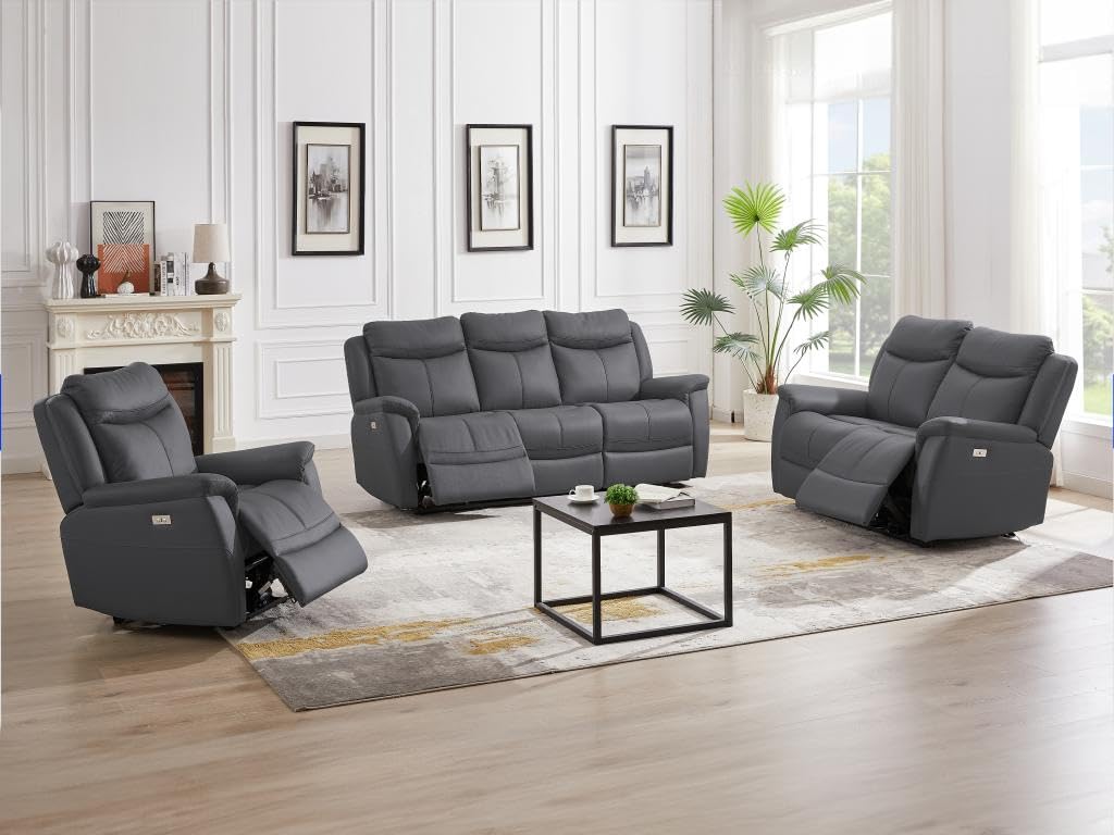 Canapé 3 Places + Fauteuil Relax électrique BREVIO – Gris Clair Tissu Texturé - 4