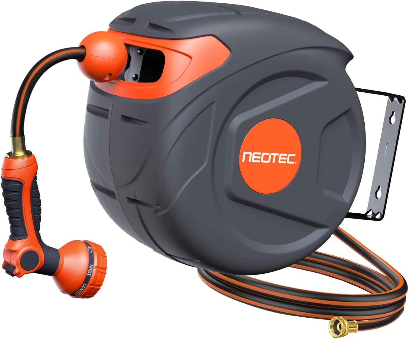Wall-Mounted Retractable Hose Reel 1/2 Inch 50 Ft, Any Length Lock & 9 Pattern Nozzle, Automatic Slow Return, 180° Swivel, UV Resistant Heavy Duty Garden Hose Reel