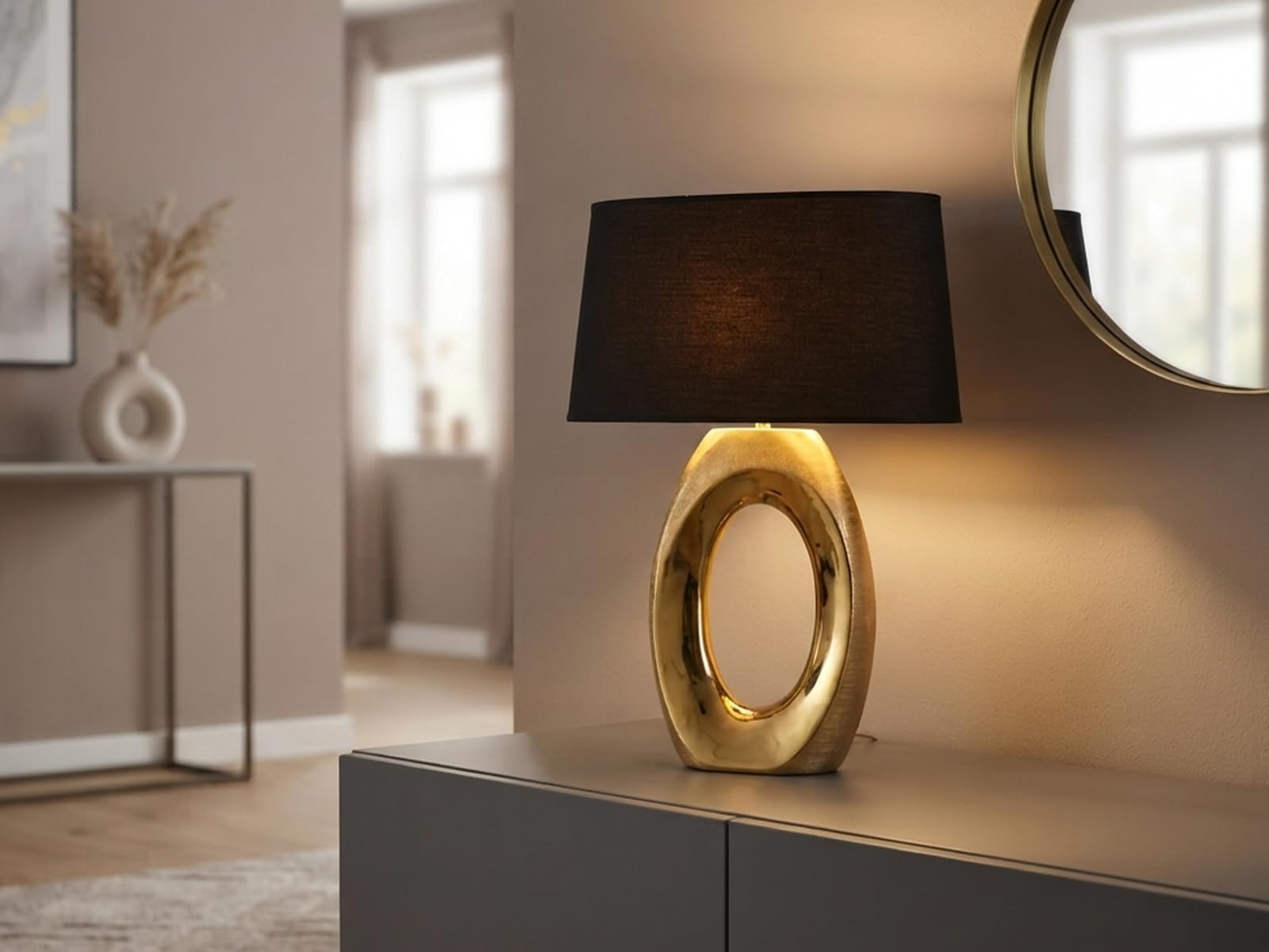 meineWunschleuchte Grande lampada da tavolo con paralume ovale in tessuto, colore nero/oro, altezza 52 cm