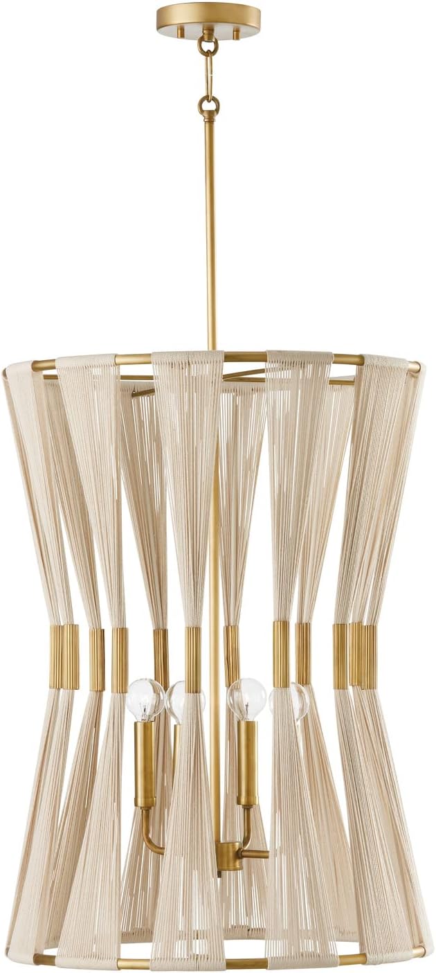 Capital Lighting 541141NP Bianca Modern Luxe Hand-Wrapped Bleached Natural Rope Foyer Light Fixture, 4-Light 240 Total Watts, 28" H x 20" W, Patinaed Brass