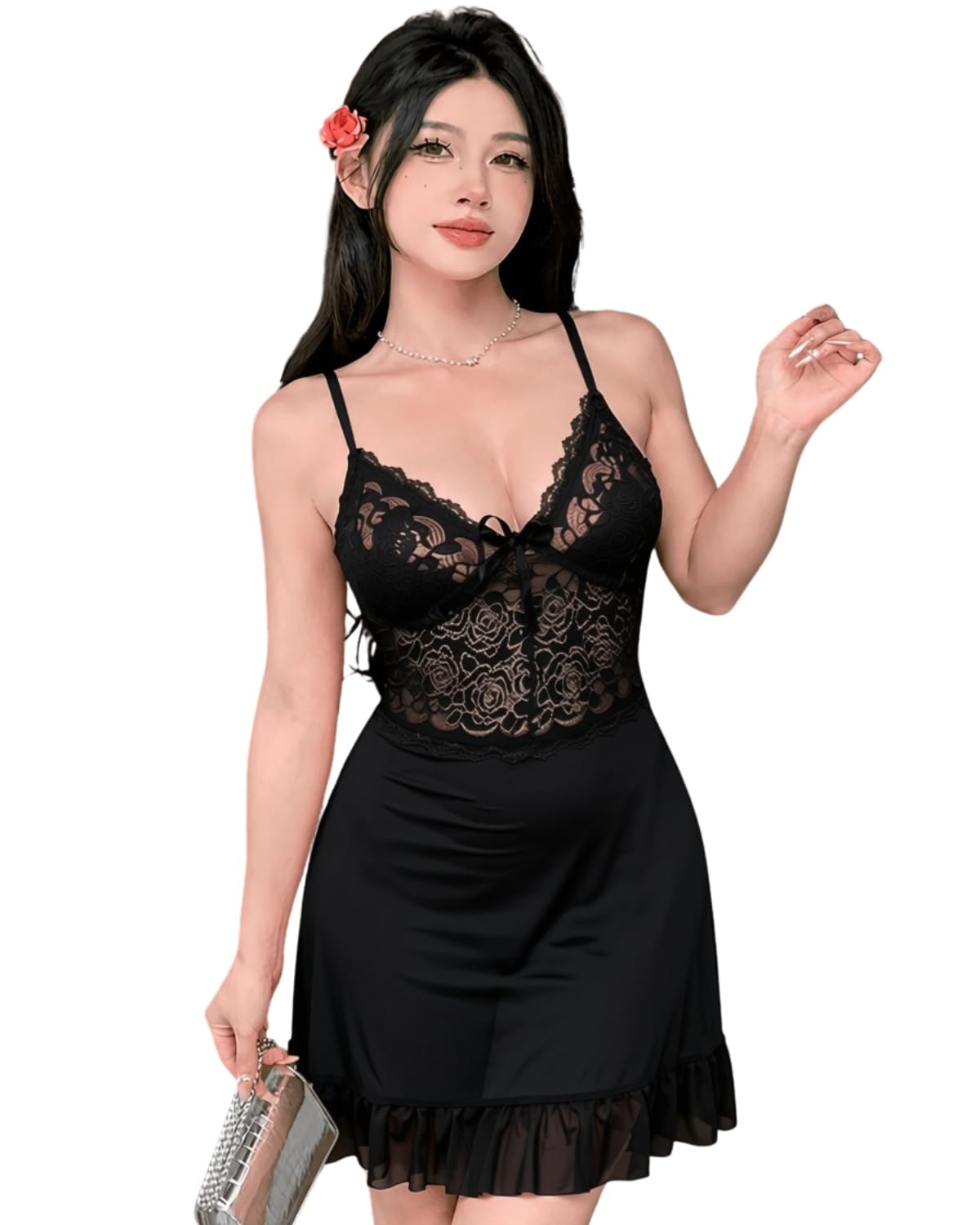 LUXZII Women's Lace Babydoll Nightdress with G-String Panty | Sheer Net Lingerie Dress | Deep V Neck | Adjustable Straps | Romantic Honeymoon Sleepwear, Bridal Nightwear for Women-picture-34