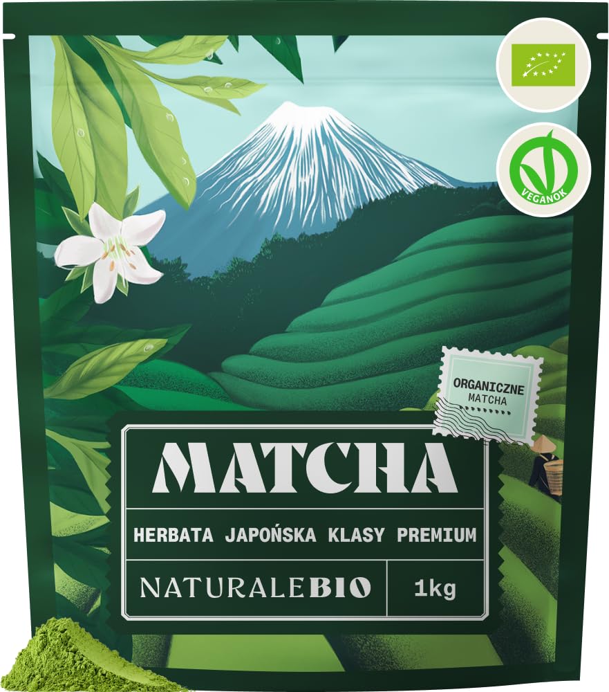NaturaleBio Bio Japońska Premium Matcha w Proszku z L-Teaniną | 1 kg. Matcha premium z pierwszego i drugiego zbioru, z antyoksydantami, do matcha latte, smoothie i iced matcha.