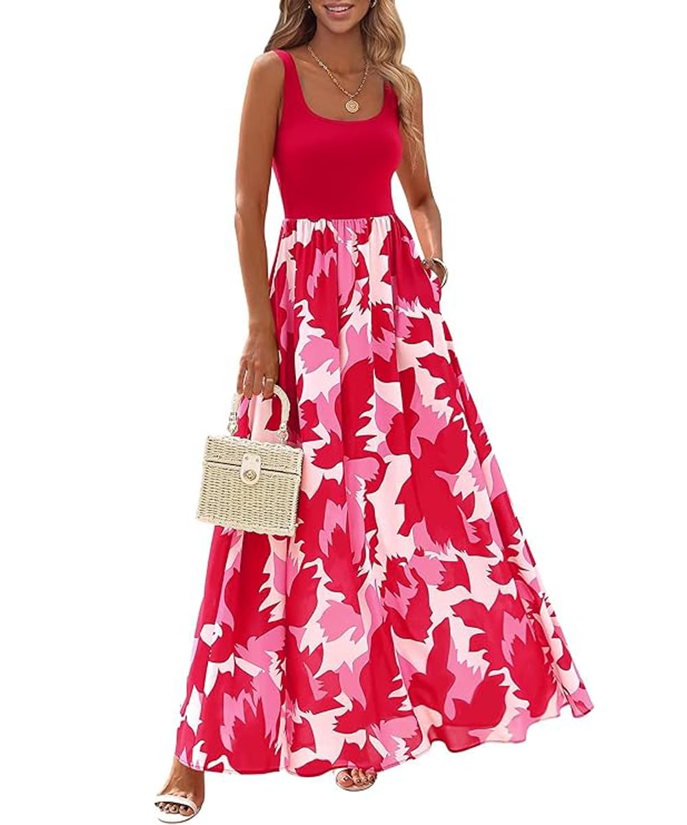 ABINGOO Sommerkleid Damen Lang Boho Leicht und Luftig Ärmellos Rundhals Strandkleid Lässig Tank Maxikleid Mit Taschen Elastischer Taille