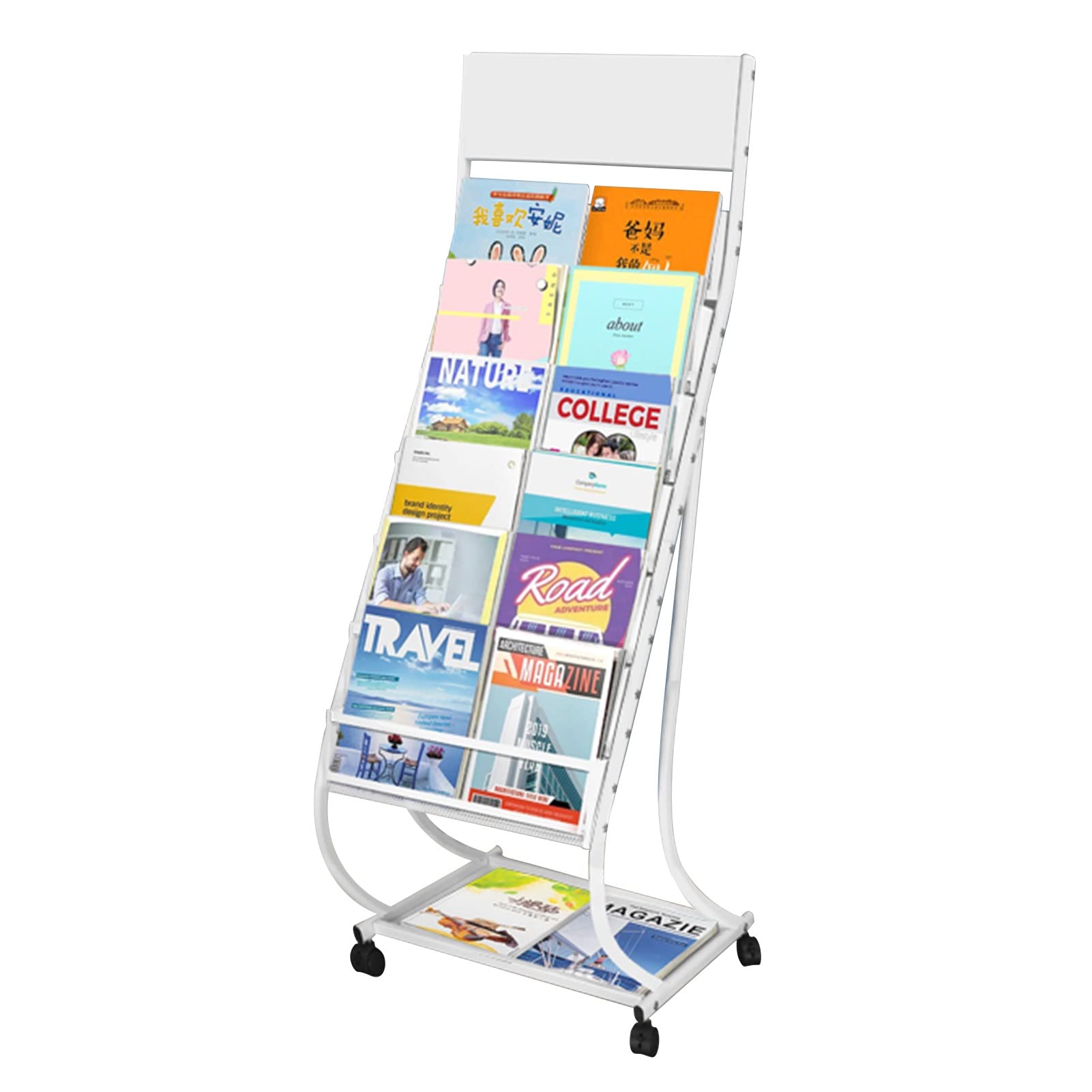 Zeitschriftenhalter Metall Posterständer mit Rädern, Einzigartiger Prospektständer mit 7 Taschen, für Bankhalle/Bibliotheken/Ausstellung/Lobby (Color : White)