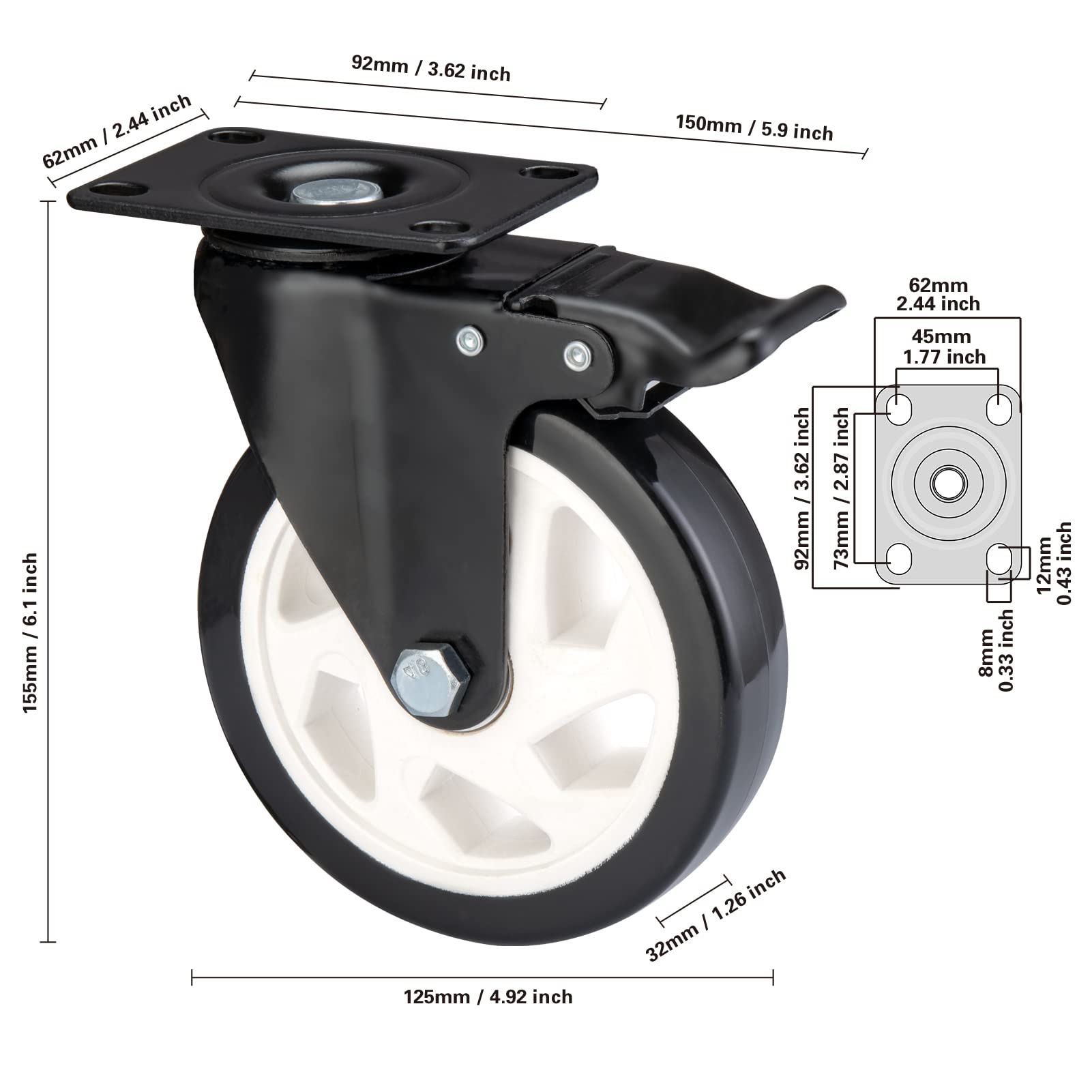 TABKEER 3 Inch Heavy Duty Swivel Caster Wheels With Brake,Set Of 4 Safety Locking Casters,Load 1000lbs,Premium Polyurethane Wheels For Table, Trailer, Saw Table, Stage Toolbox, Bed, Corn Board