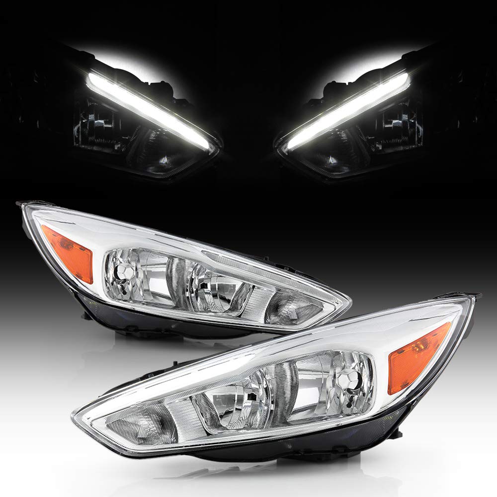 ACANII - For [Halogen Model w/LED DRL] 2015 2016 2017 2018 Ford Focus Chrome Housing Headlights Headlamps Assembly Pair