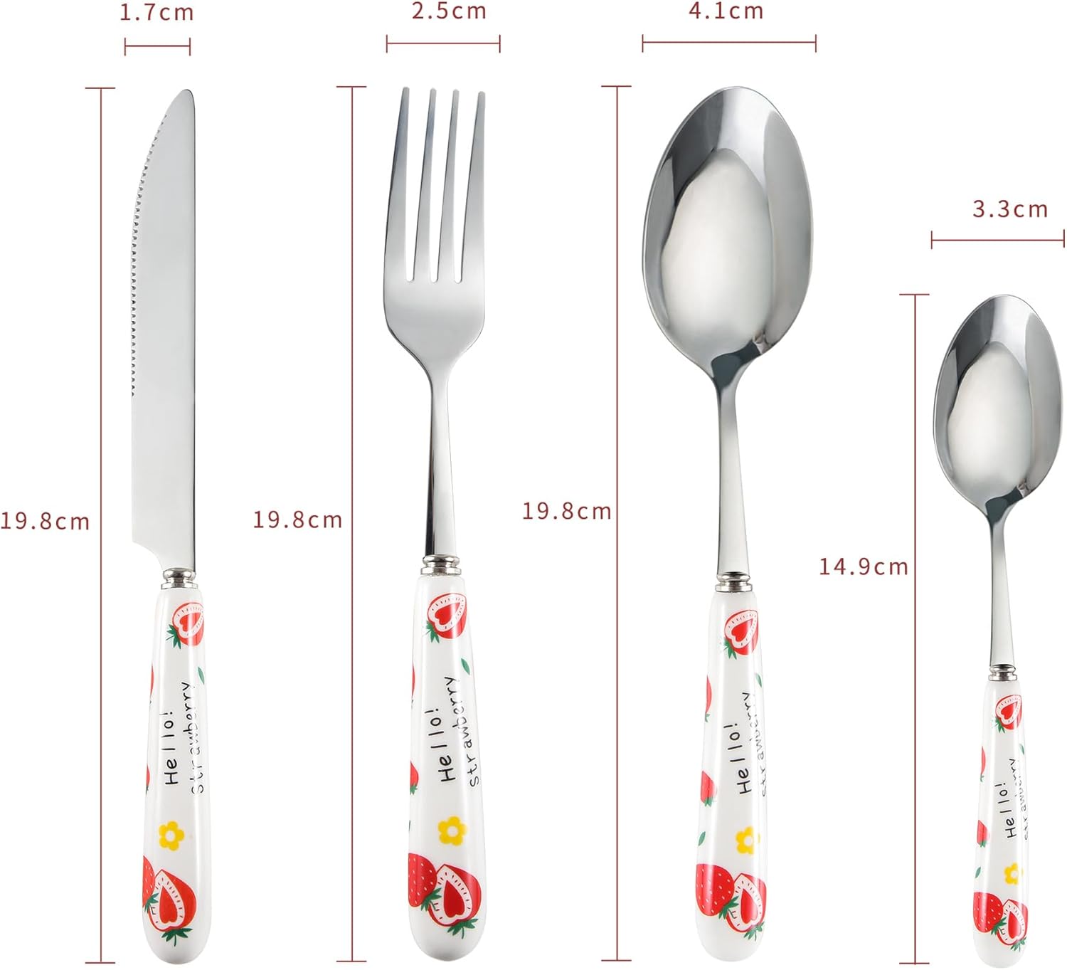 Silverware Flatware Set, 4/16/24/32 Piece Stainless Steel Tableware Cute Cartoon Strawberry Ceramic Handle Main Dinner Knife Fork Spoon Spoon(24 Pieces for 6), White
