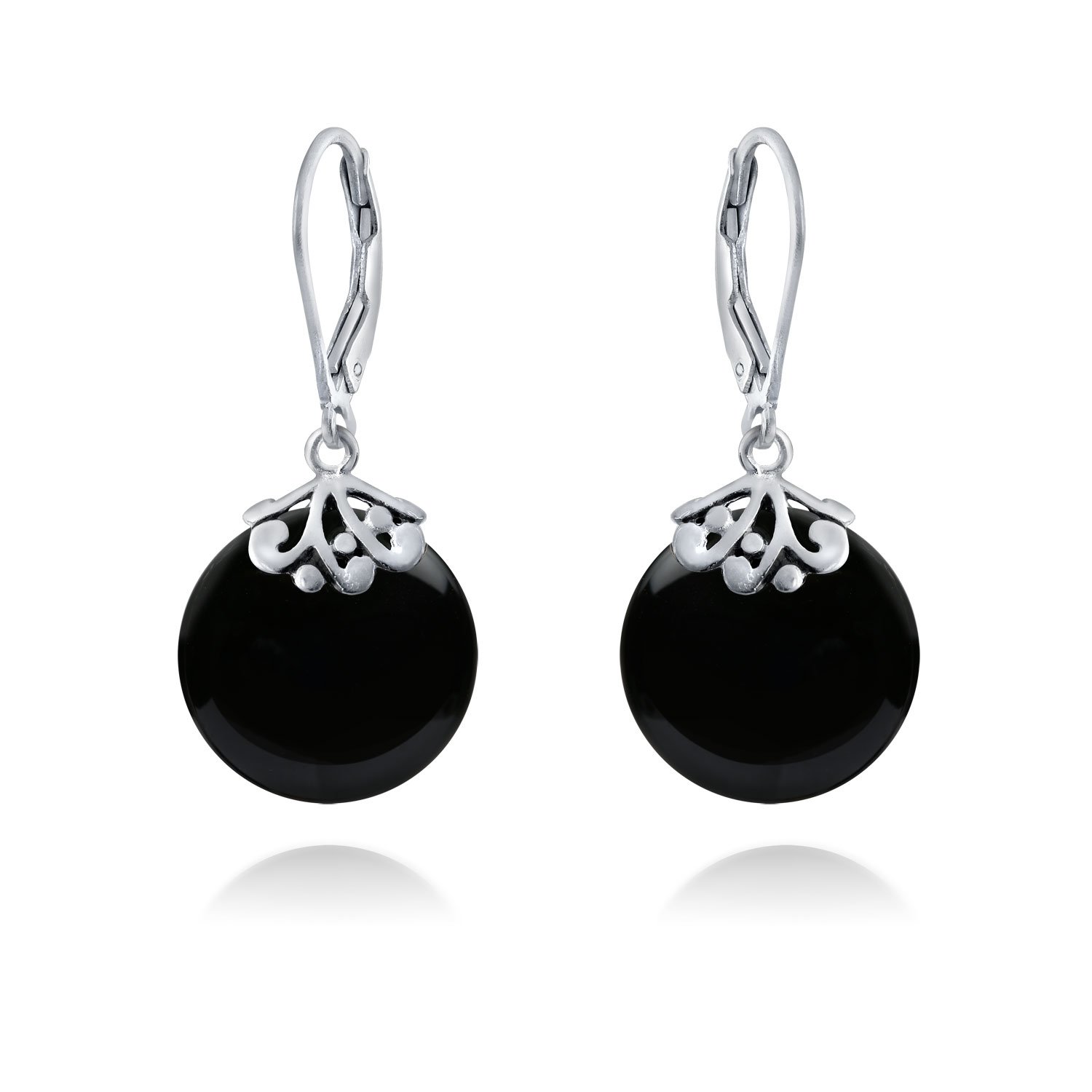 Westlicher Stil Filigran Hebel Rücken Blau Rot Grün Schwarz Edelsteine Flache Runde Kreis Scheibe Hängende Tropfen Ohrringe Für Frauen .925 Sterlingsilber