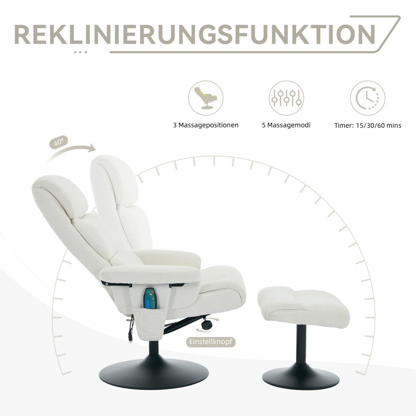 Sweiko Fauteuil de Massage Pivotant à 360° avec Fonction Inclinable et Chauffante, Fauteuil TV Relax avec Repose-Pieds, Revêtement en PU (White + Chenille + Foam)